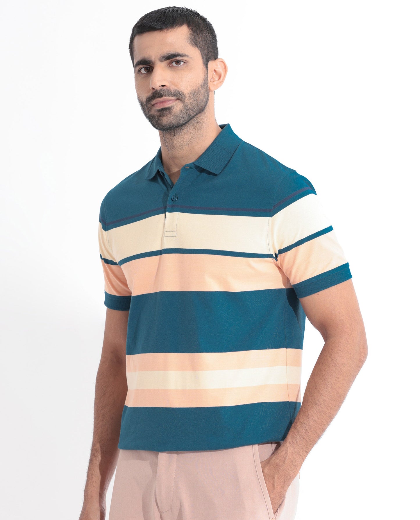 Rare Rabbit Men's Albans Dark Navy Cotton Fabric Collared Neck Half Sleeves Striped Polo
