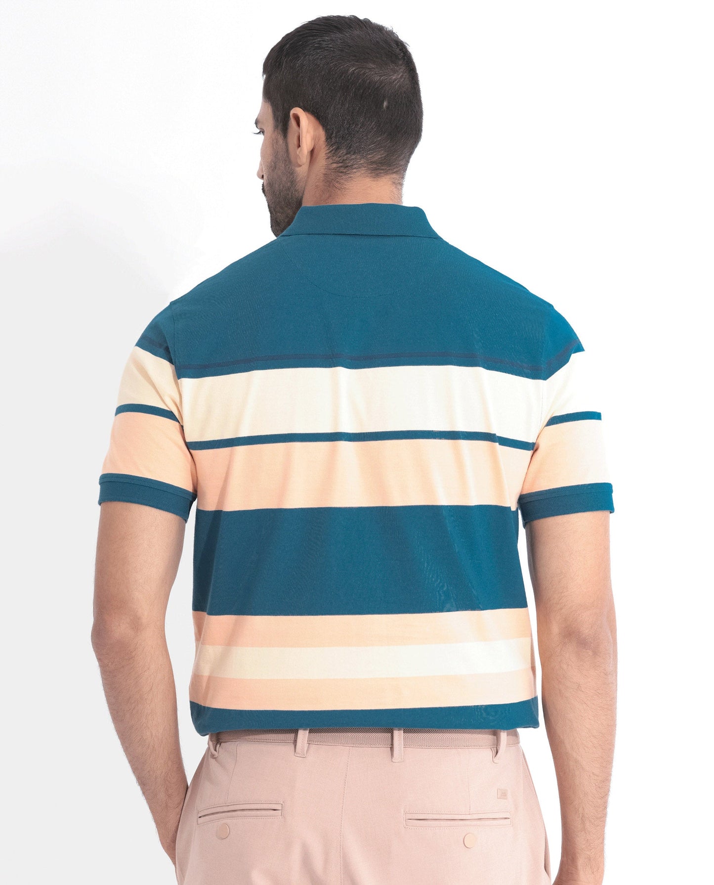 Rare Rabbit Men's Albans Dark Navy Cotton Fabric Collared Neck Half Sleeves Striped Polo