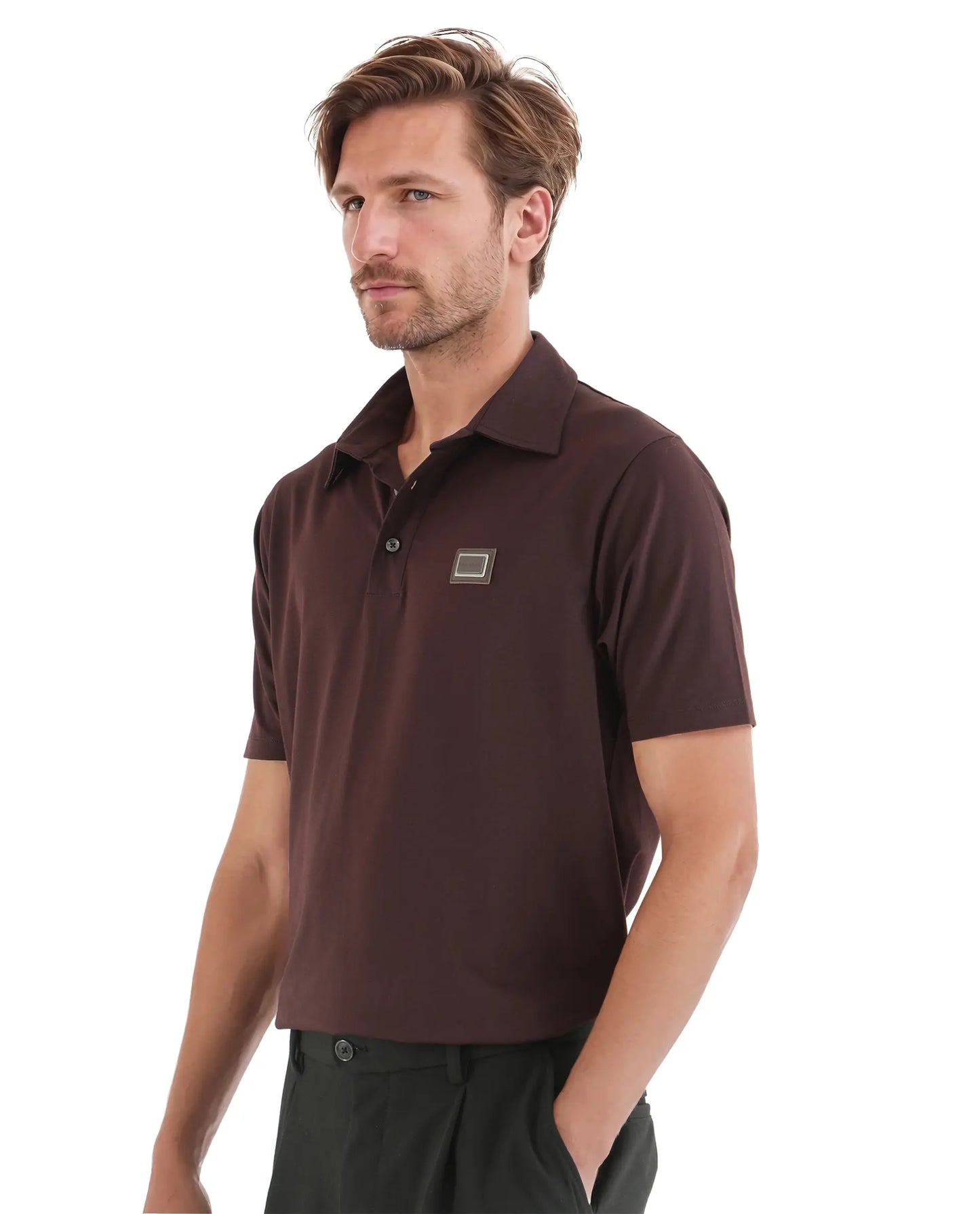Rare Rabbit Men Badger-25 Dark Brown Cotton Poly Fabric Short Sleeve Collared Neck Button Closure Plain Polo