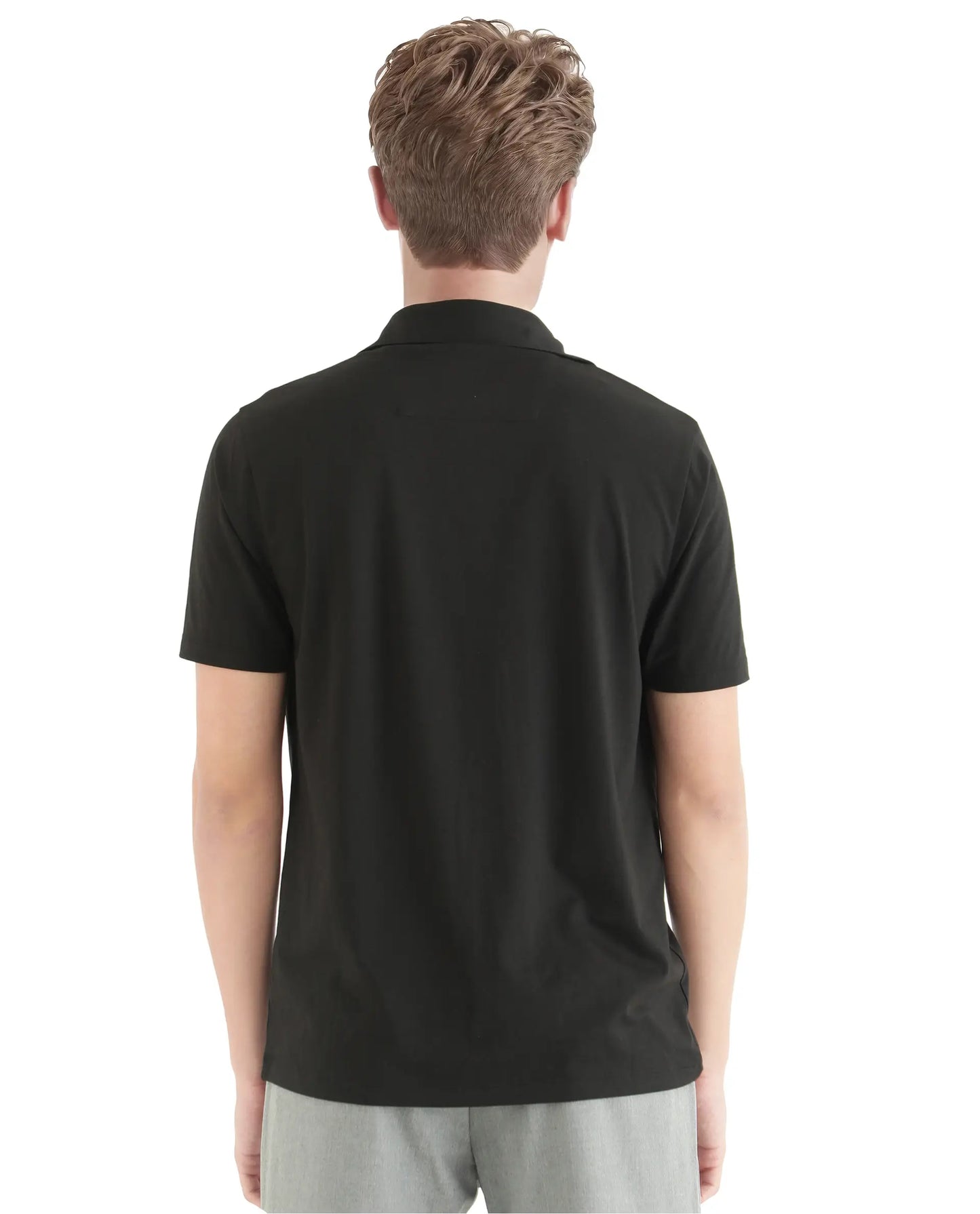 Rare Rabbit Men Badger-25 Black Cotton Poly Fabric Short Sleeve Collared Neck Button Closure Plain Polo