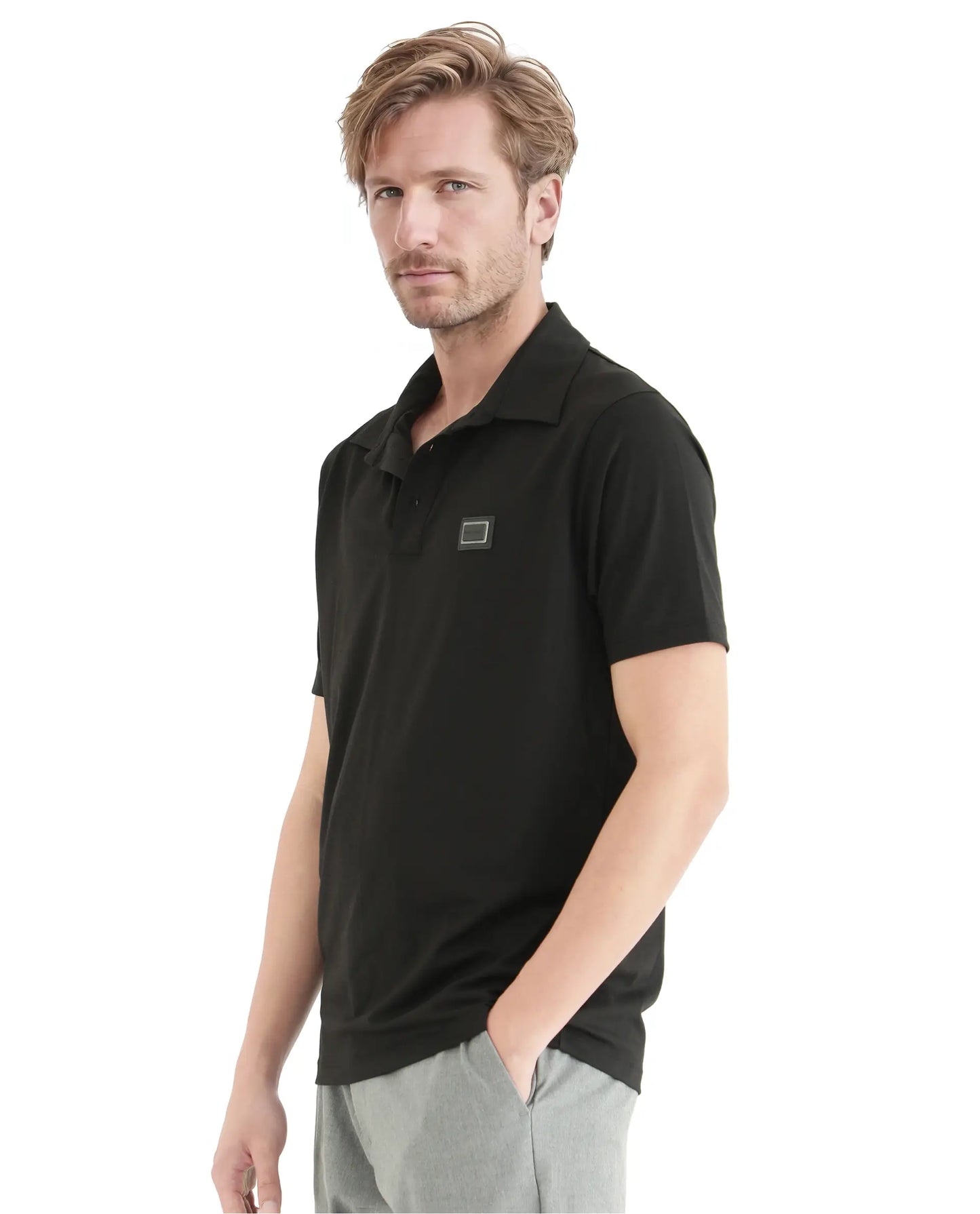 Rare Rabbit Men Badger-25 Black Cotton Poly Fabric Short Sleeve Collared Neck Button Closure Plain Polo