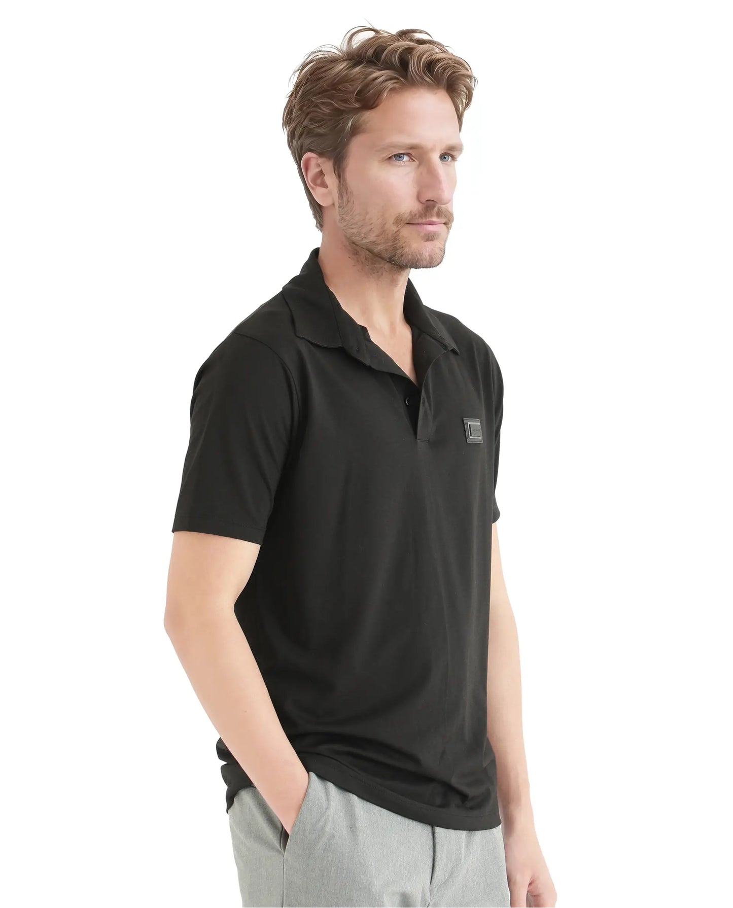 Rare Rabbit Men Badger-25 Black Cotton Poly Fabric Short Sleeve Collared Neck Button Closure Plain Polo
