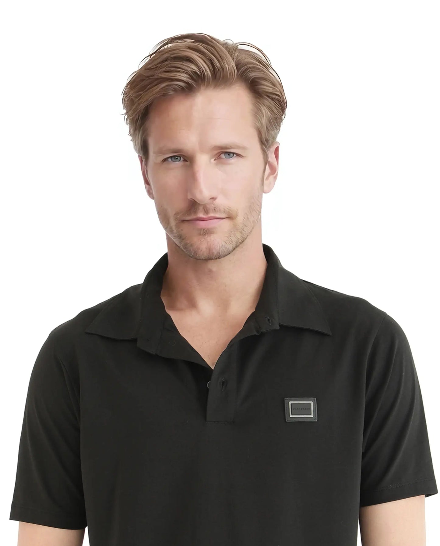 Rare Rabbit Men Badger-25 Black Cotton Poly Fabric Short Sleeve Collared Neck Button Closure Plain Polo