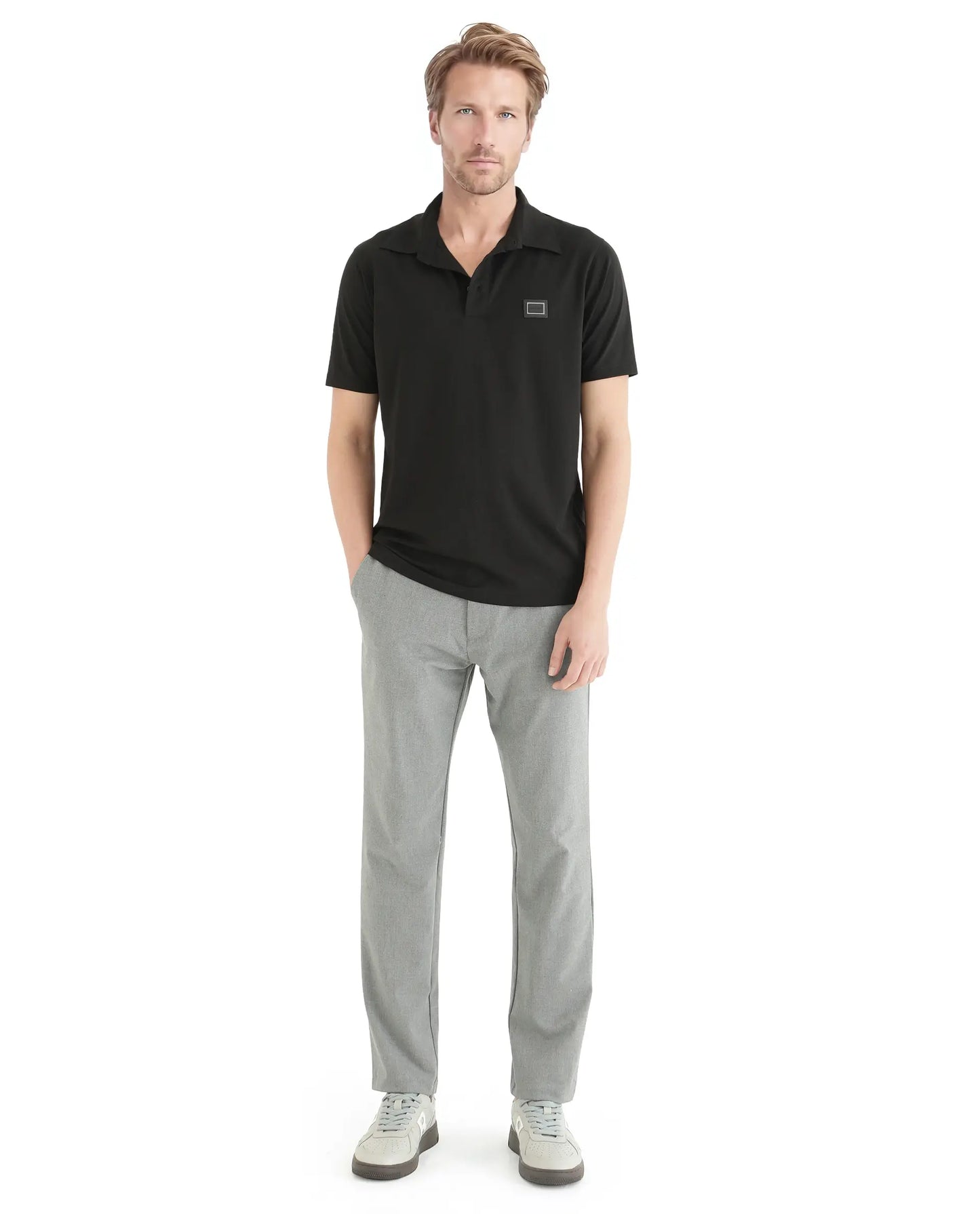 Rare Rabbit Men Badger-25 Black Cotton Poly Fabric Short Sleeve Collared Neck Button Closure Plain Polo