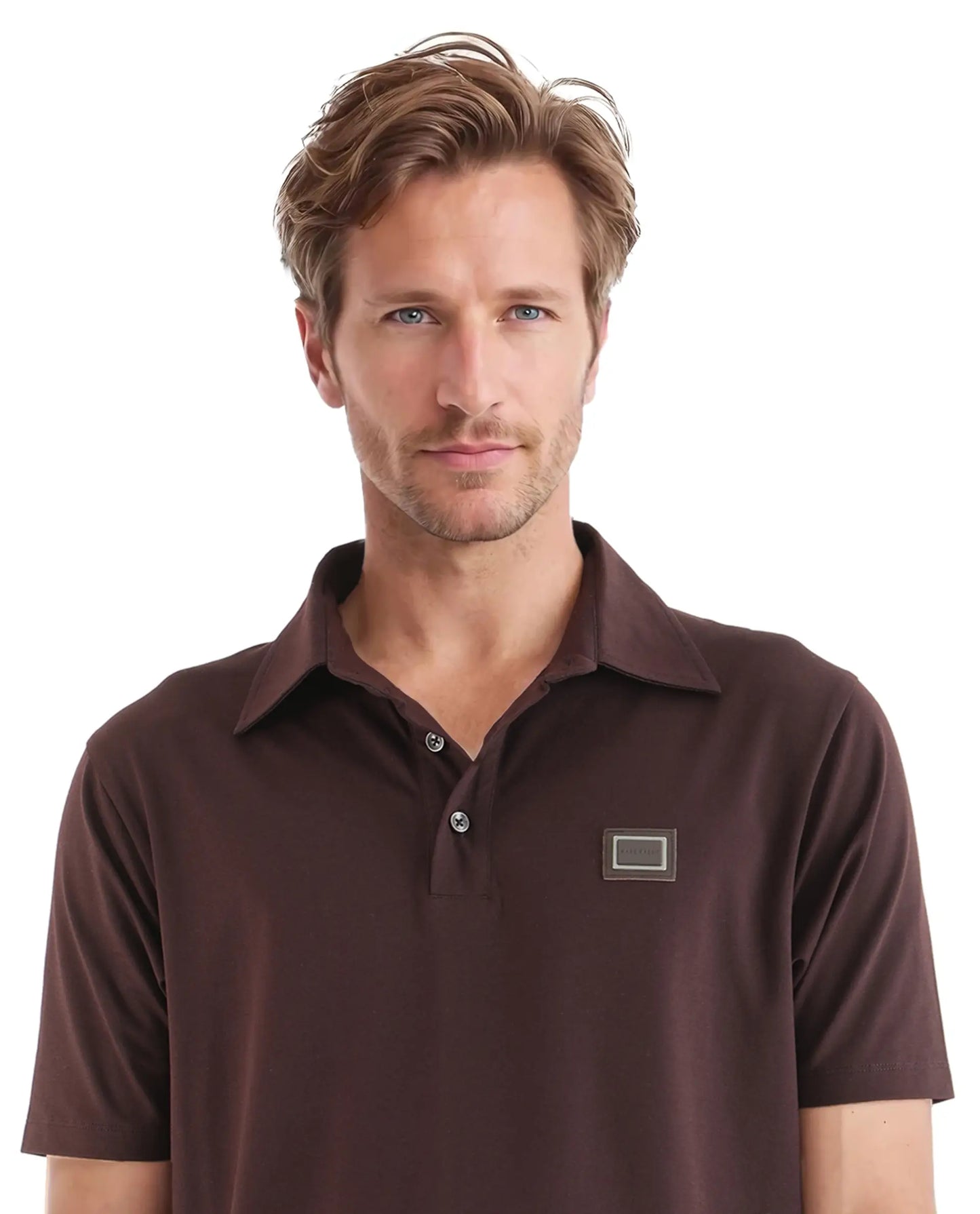 Rare Rabbit Men Badger-25 Dark Brown Cotton Poly Fabric Short Sleeve Collared Neck Button Closure Plain Polo