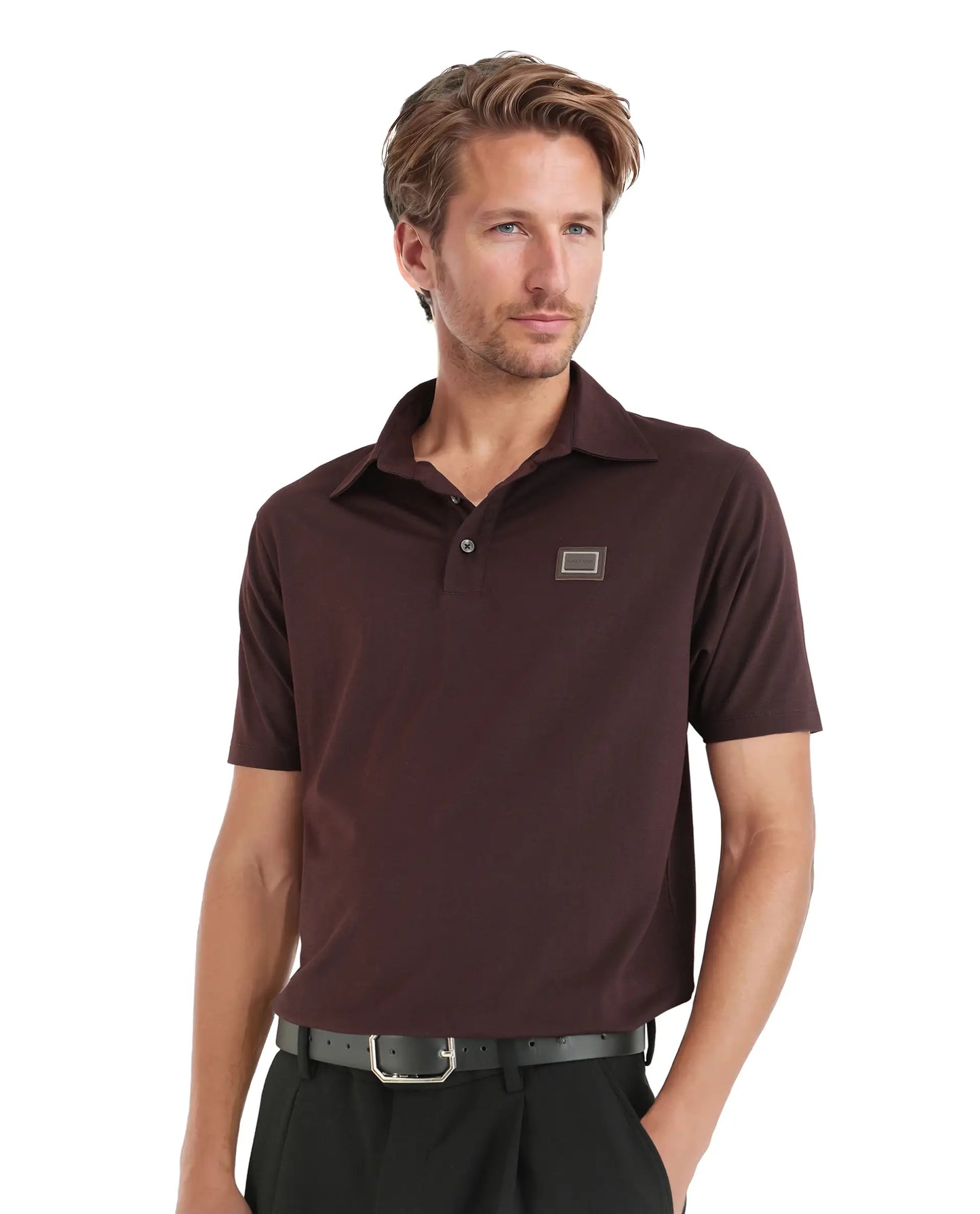 Rare Rabbit Men Badger-25 Dark Brown Cotton Poly Fabric Short Sleeve Collared Neck Button Closure Plain Polo