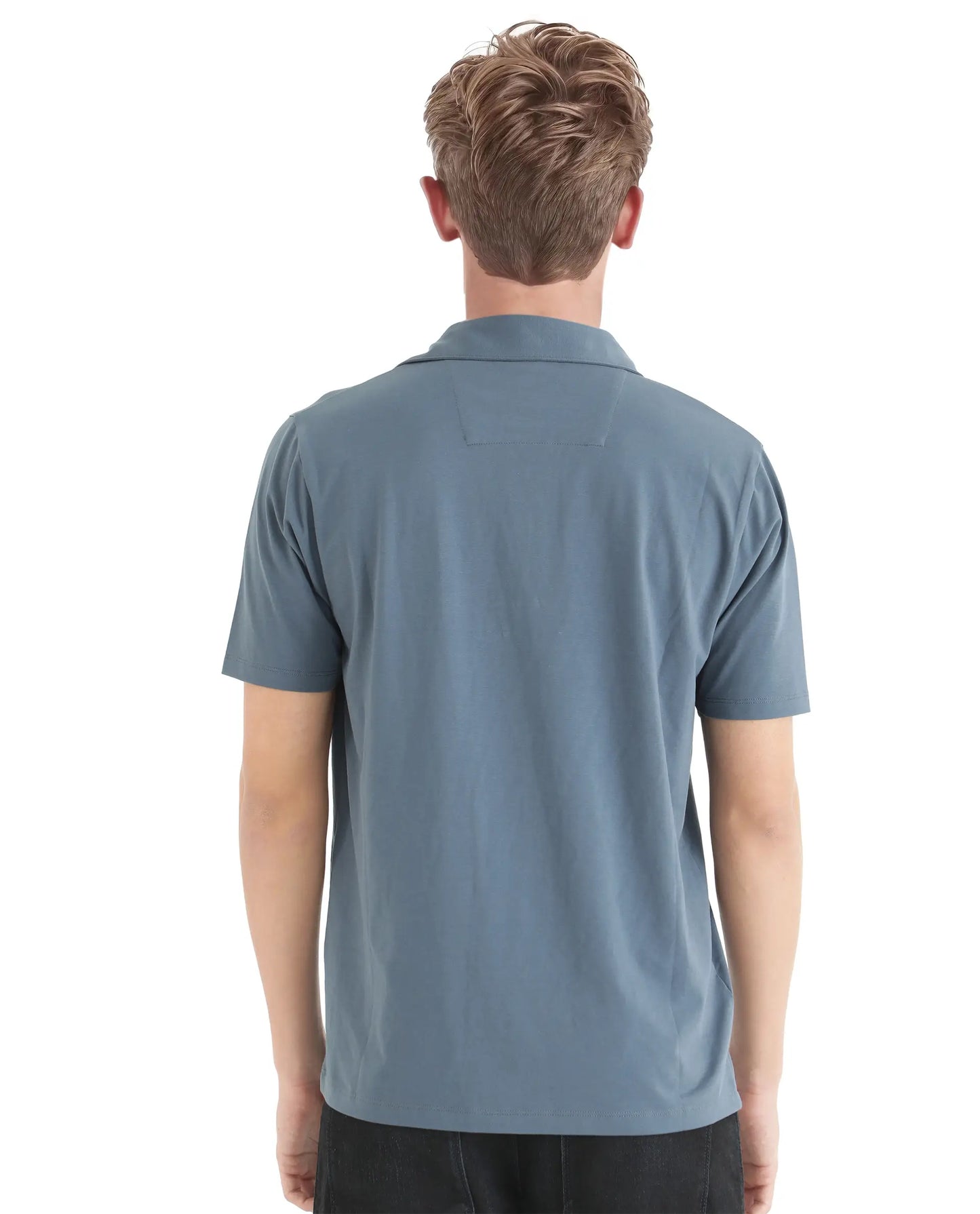 Rare Rabbit Men Badger-25 Dusky Blue Cotton Poly Fabric Short Sleeve Collared Neck Button Closure Plain Polo