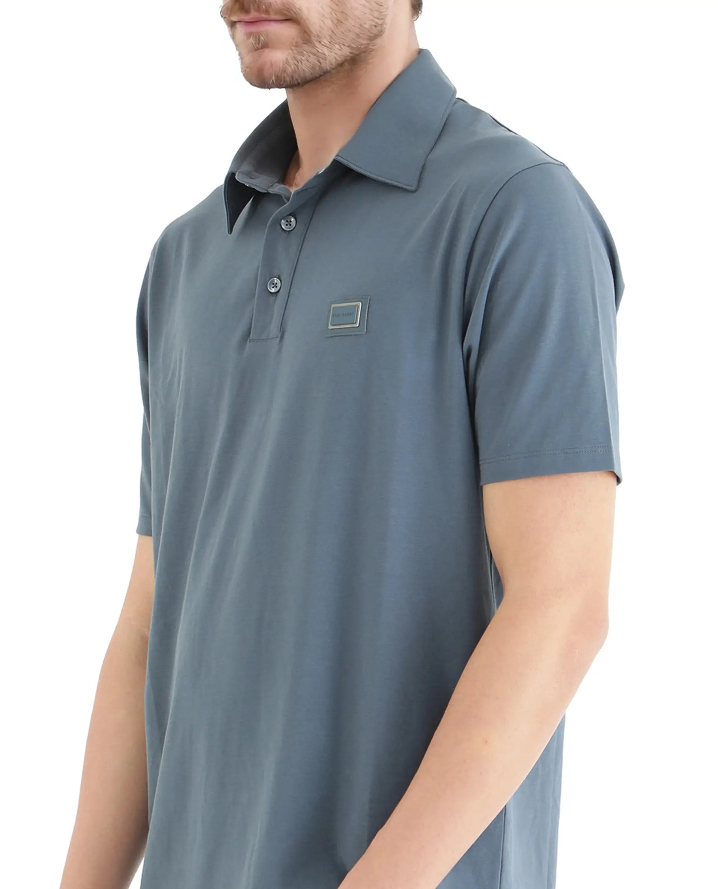 Rare Rabbit Men Badger-25 Dusky Blue Cotton Poly Fabric Short Sleeve Collared Neck Button Closure Plain Polo