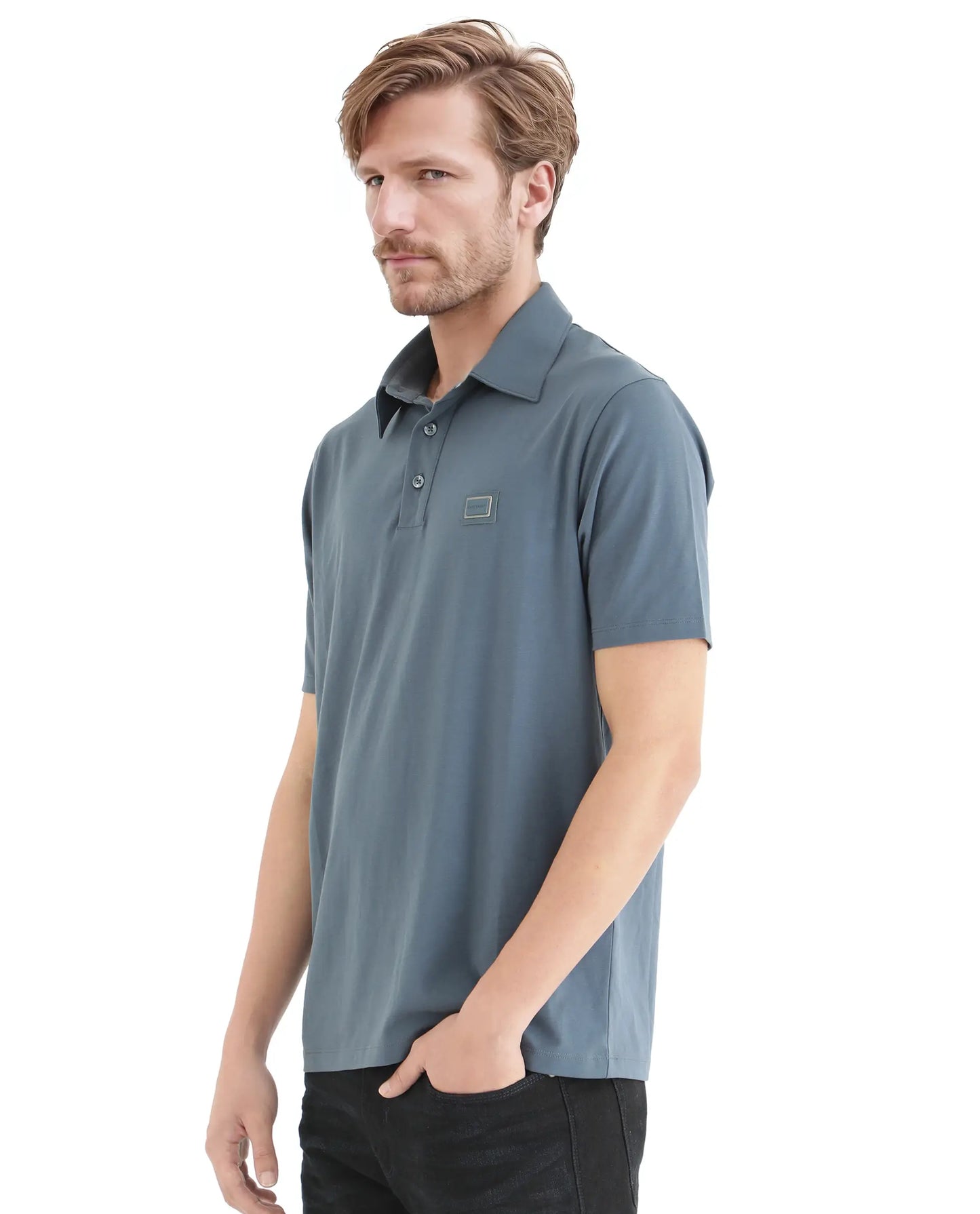 Rare Rabbit Men Badger-25 Dusky Blue Cotton Poly Fabric Short Sleeve Collared Neck Button Closure Plain Polo