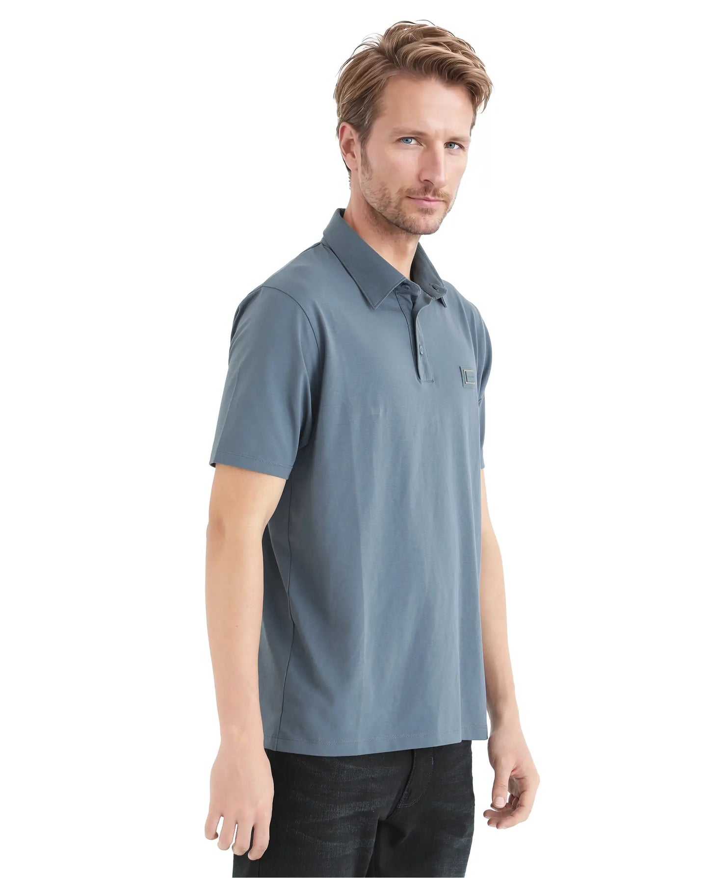 Rare Rabbit Men Badger-25 Dusky Blue Cotton Poly Fabric Short Sleeve Collared Neck Button Closure Plain Polo