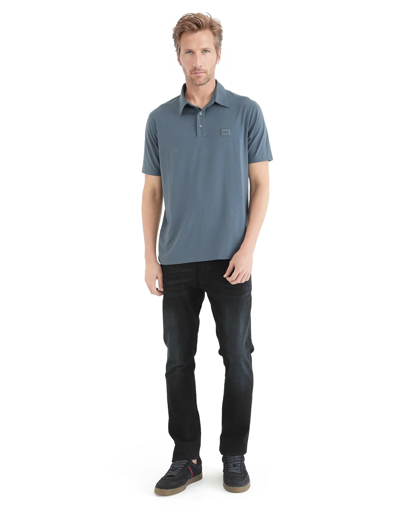 Rare Rabbit Men Badger-25 Dusky Blue Cotton Poly Fabric Short Sleeve Collared Neck Button Closure Plain Polo