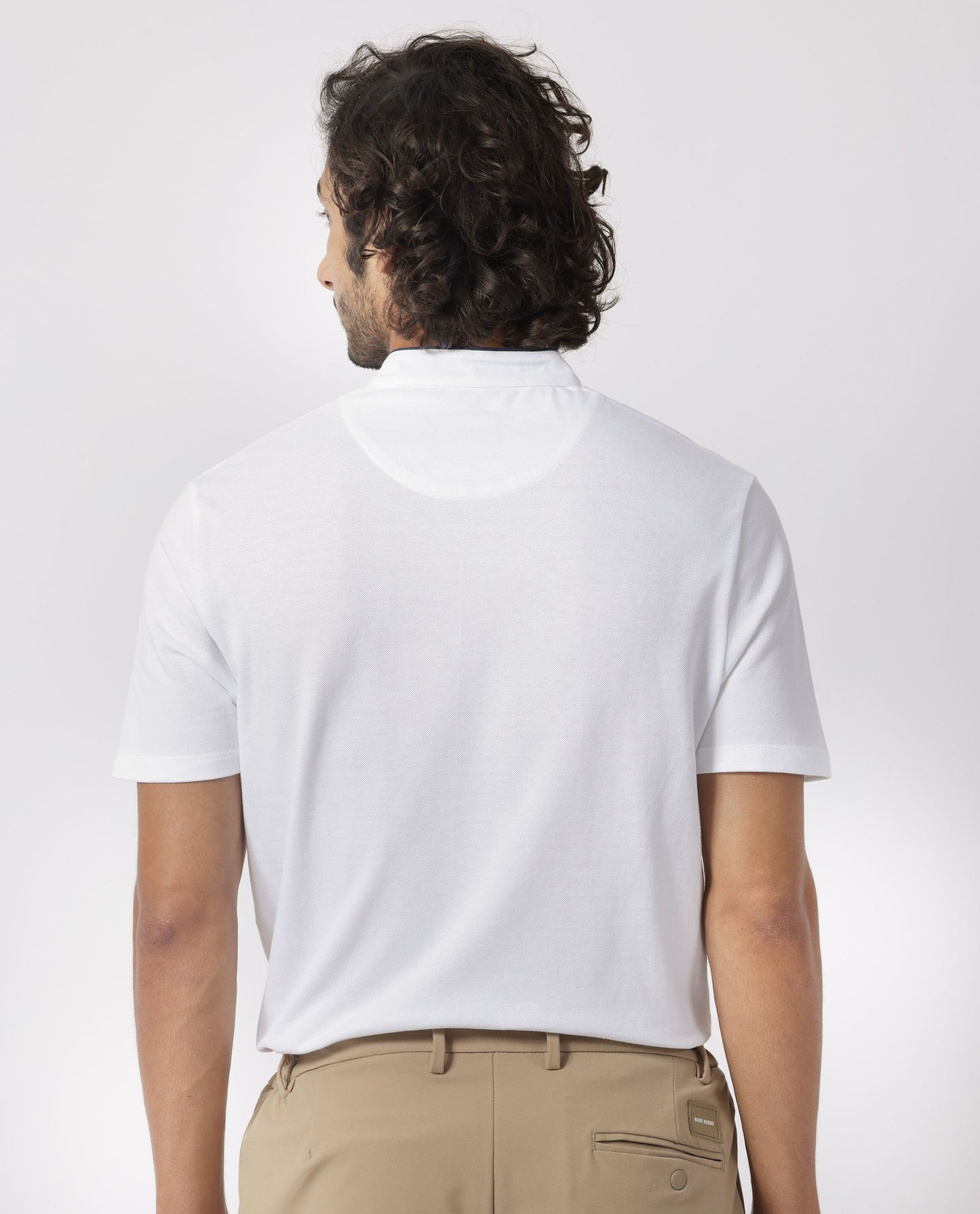 Rare Rabbit Men's Barrie White Cotton Fabric Mandarin Collar Half Sleeves Polo T-Shirt