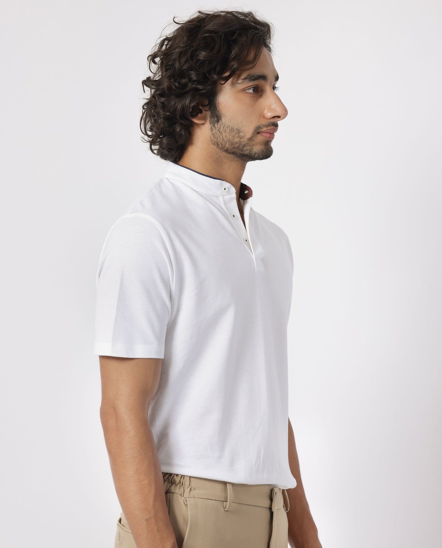 Rare Rabbit Men's Barrie White Cotton Fabric Mandarin Collar Half Sleeves Polo T-Shirt