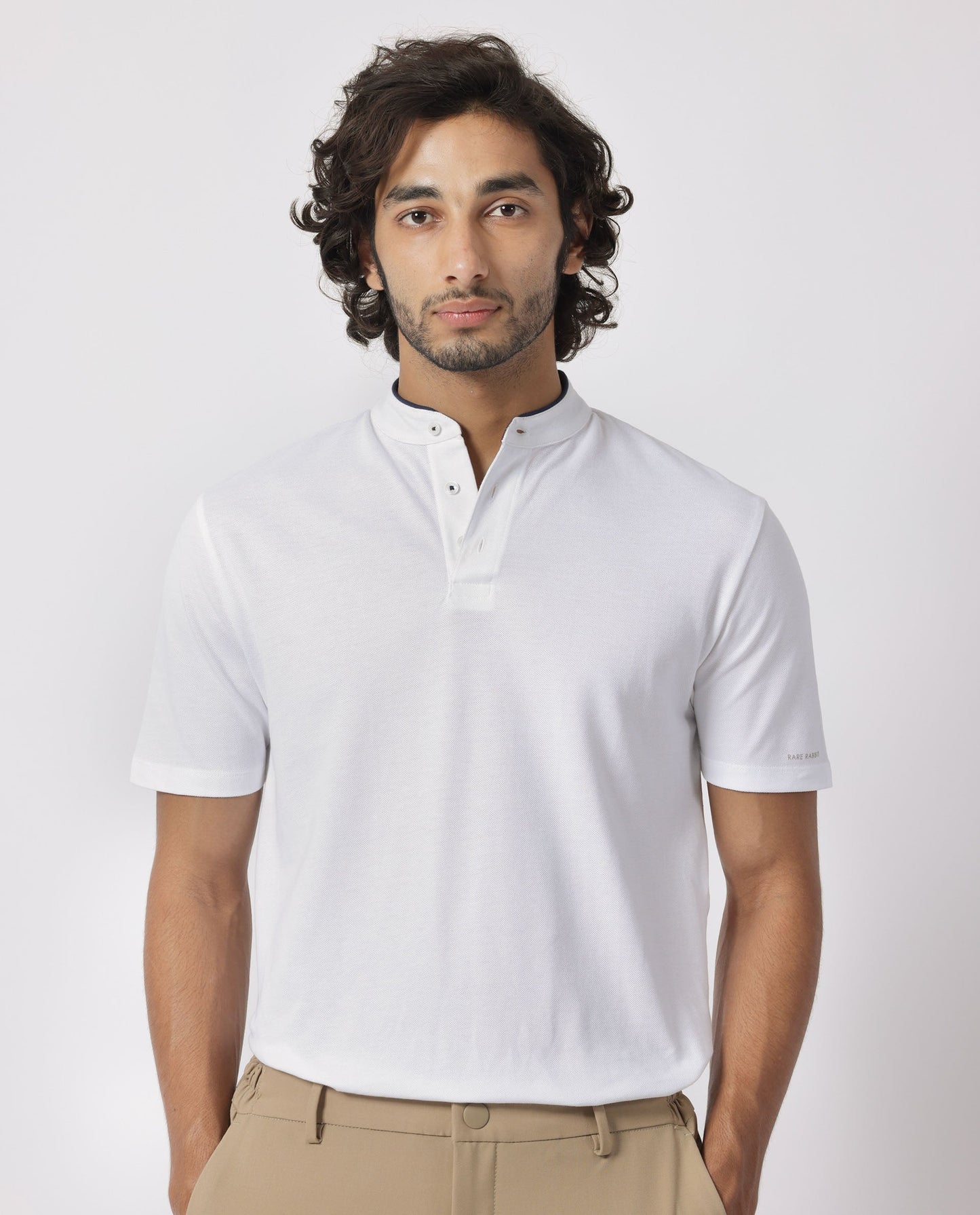 Rare Rabbit Men's Barrie White Cotton Fabric Mandarin Collar Half Sleeves Polo T-Shirt