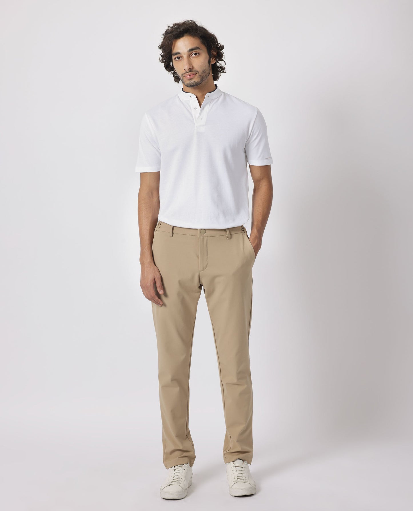 Rare Rabbit Men's Barrie White Cotton Fabric Mandarin Collar Half Sleeves Polo T-Shirt