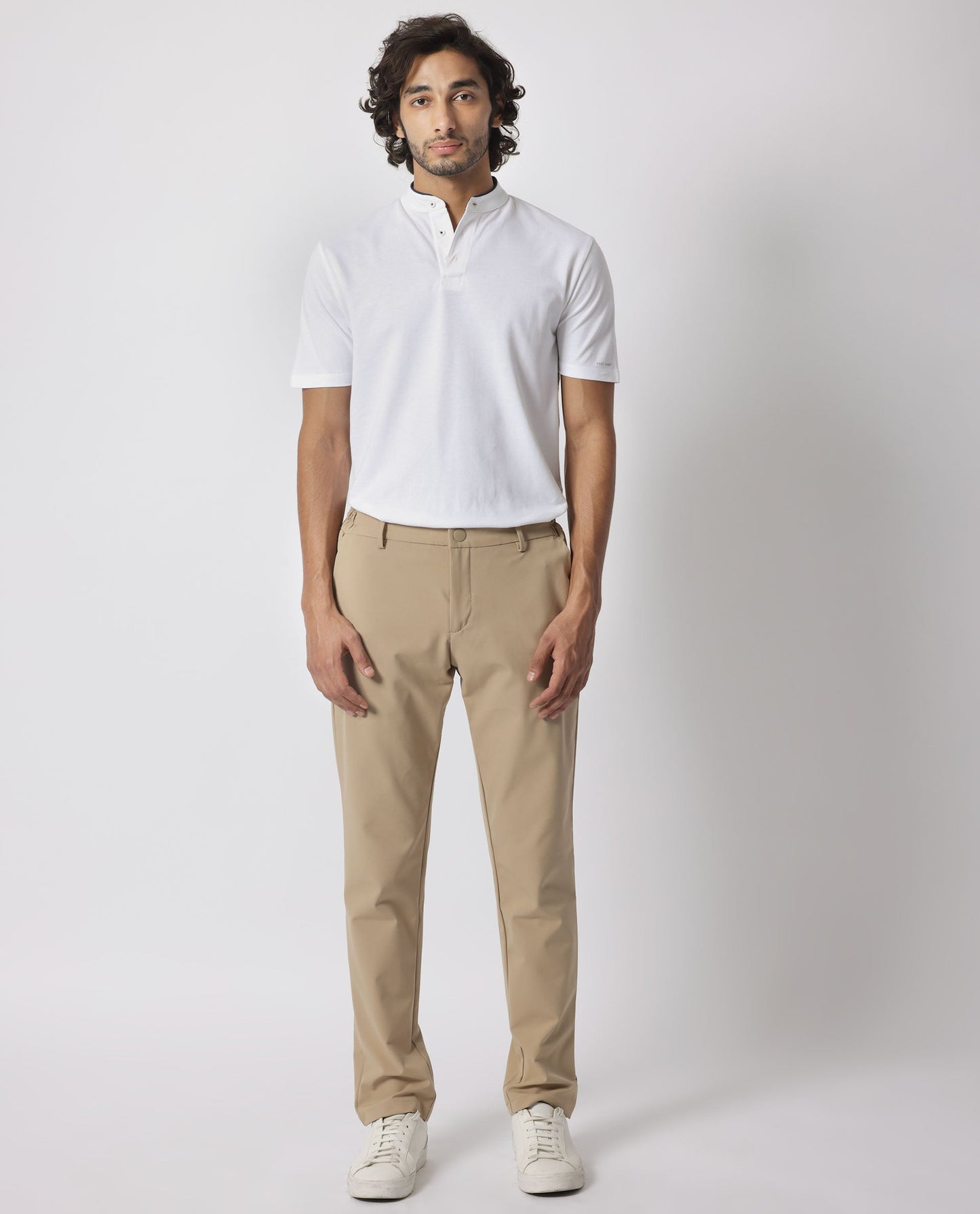 Rare Rabbit Men's Barrie White Cotton Fabric Mandarin Collar Half Sleeves Polo T-Shirt