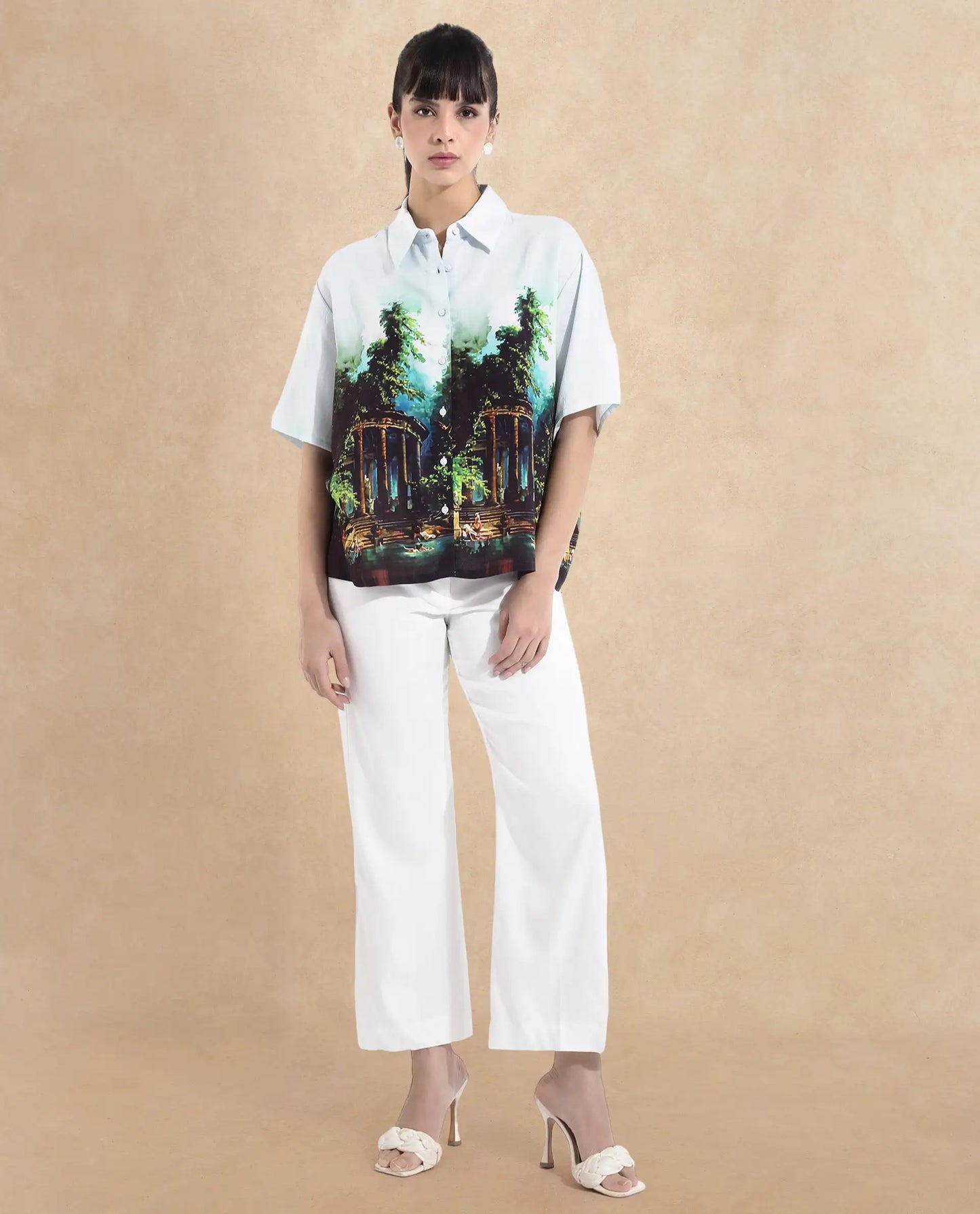 Rareism Women Boulevard Light Blue Short Sleeve Collared Neck Button Closure Boxy Fit Abstract Print Top