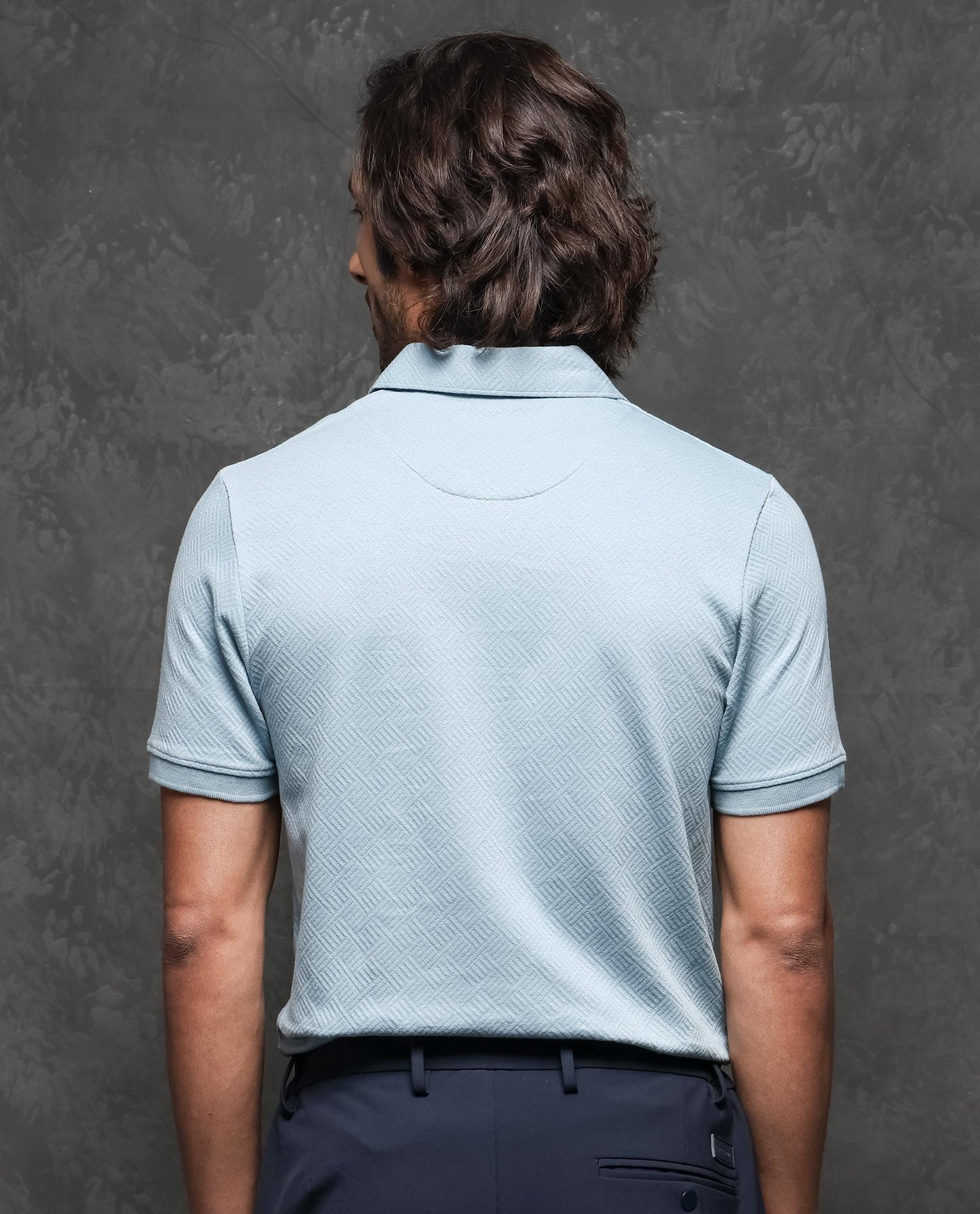 Rare Rabbit Men's Cabe Light Blue Cotton Fabric Zipper Closure Half Sleeve Tonal Jacquard Polo T-Shirt