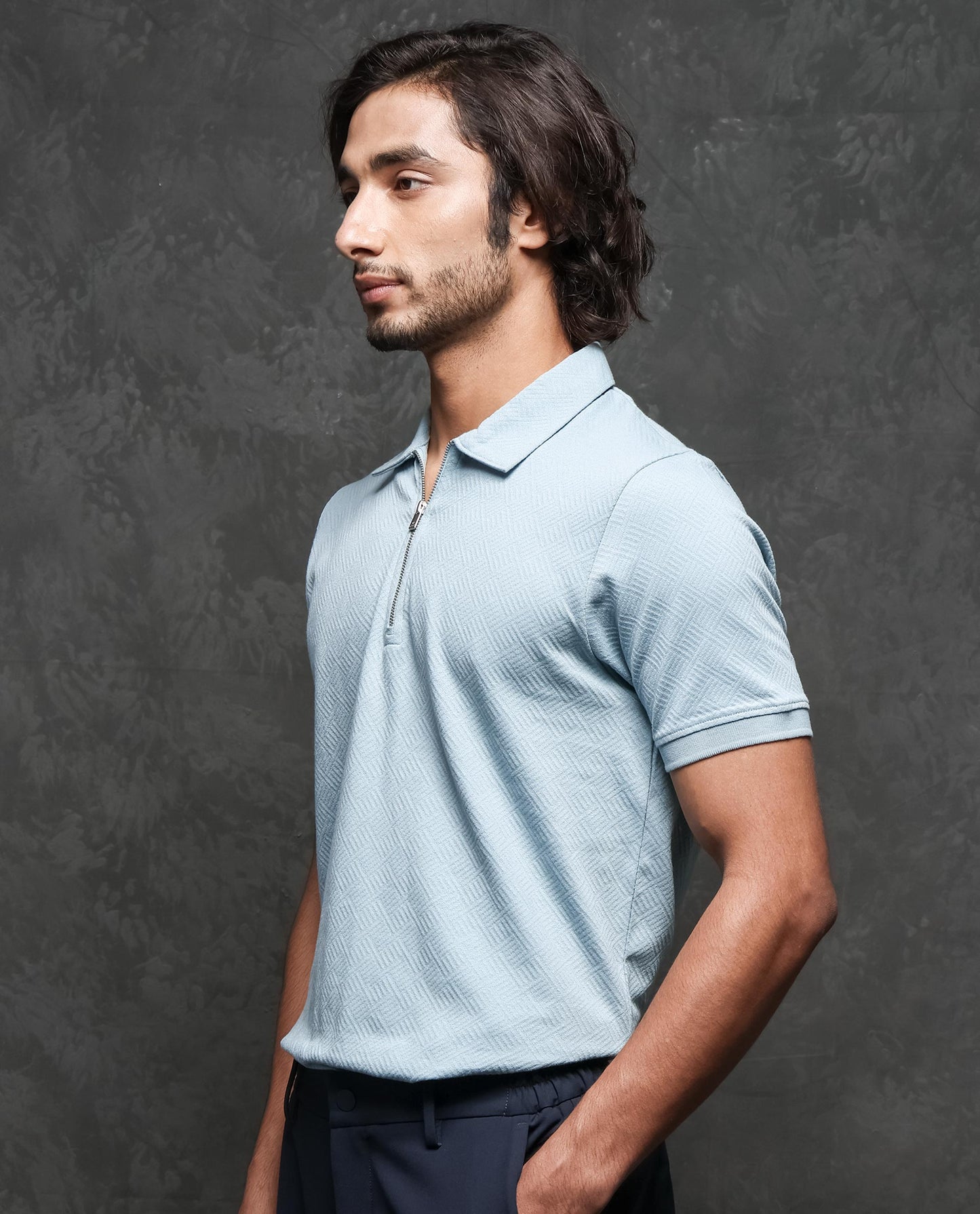 Rare Rabbit Men's Cabe Light Blue Cotton Fabric Zipper Closure Half Sleeve Tonal Jacquard Polo T-Shirt