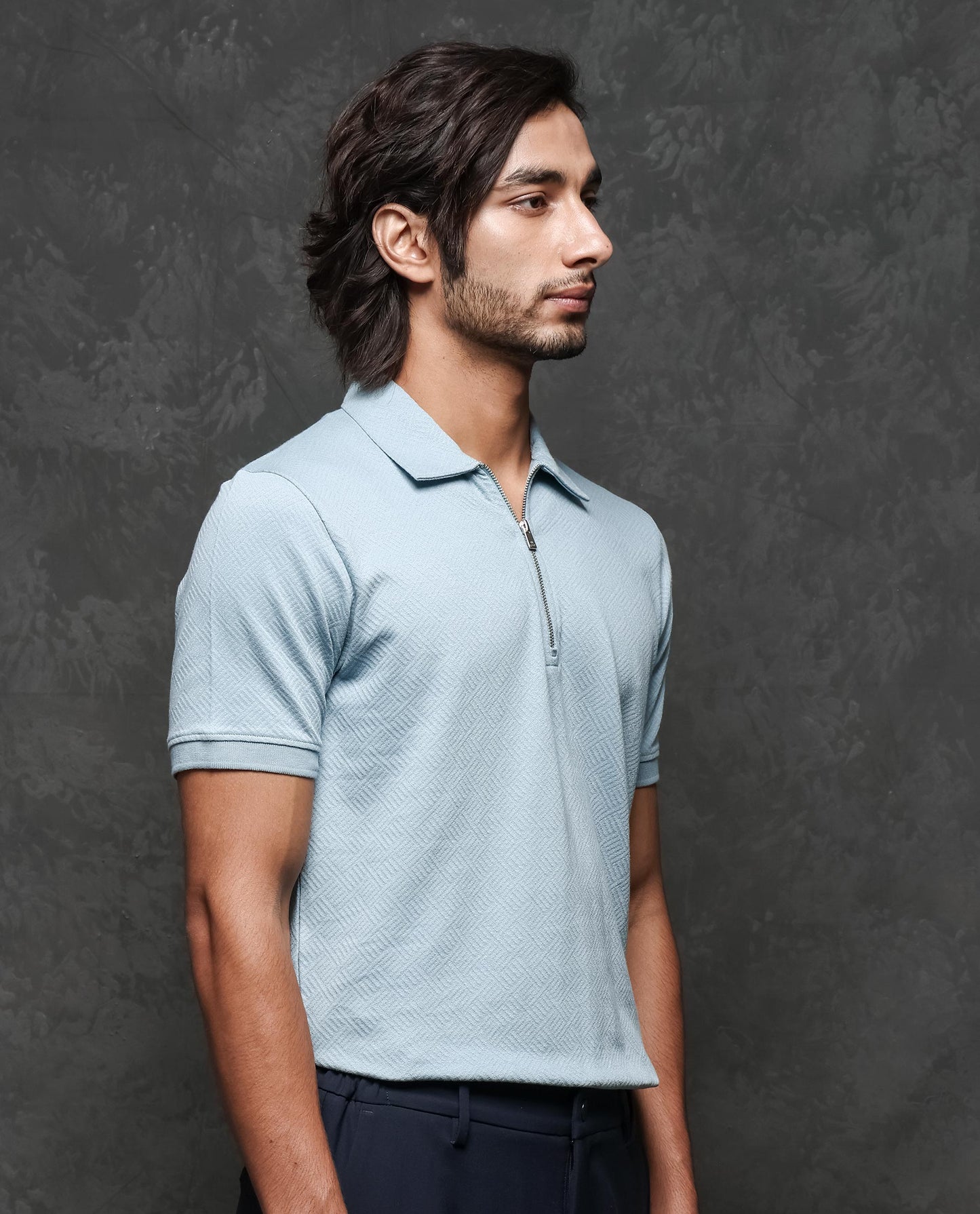 Rare Rabbit Men's Cabe Light Blue Cotton Fabric Zipper Closure Half Sleeve Tonal Jacquard Polo T-Shirt