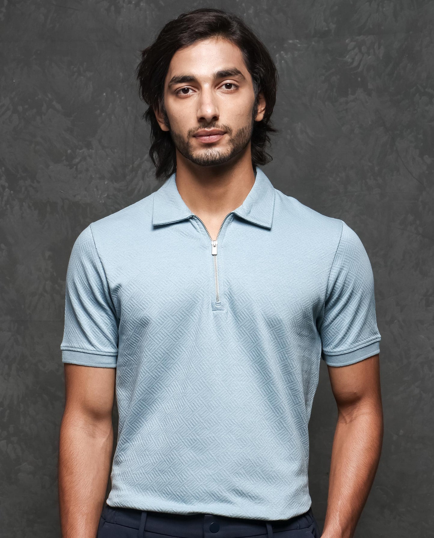 Rare Rabbit Men's Cabe Light Blue Cotton Fabric Zipper Closure Half Sleeve Tonal Jacquard Polo T-Shirt