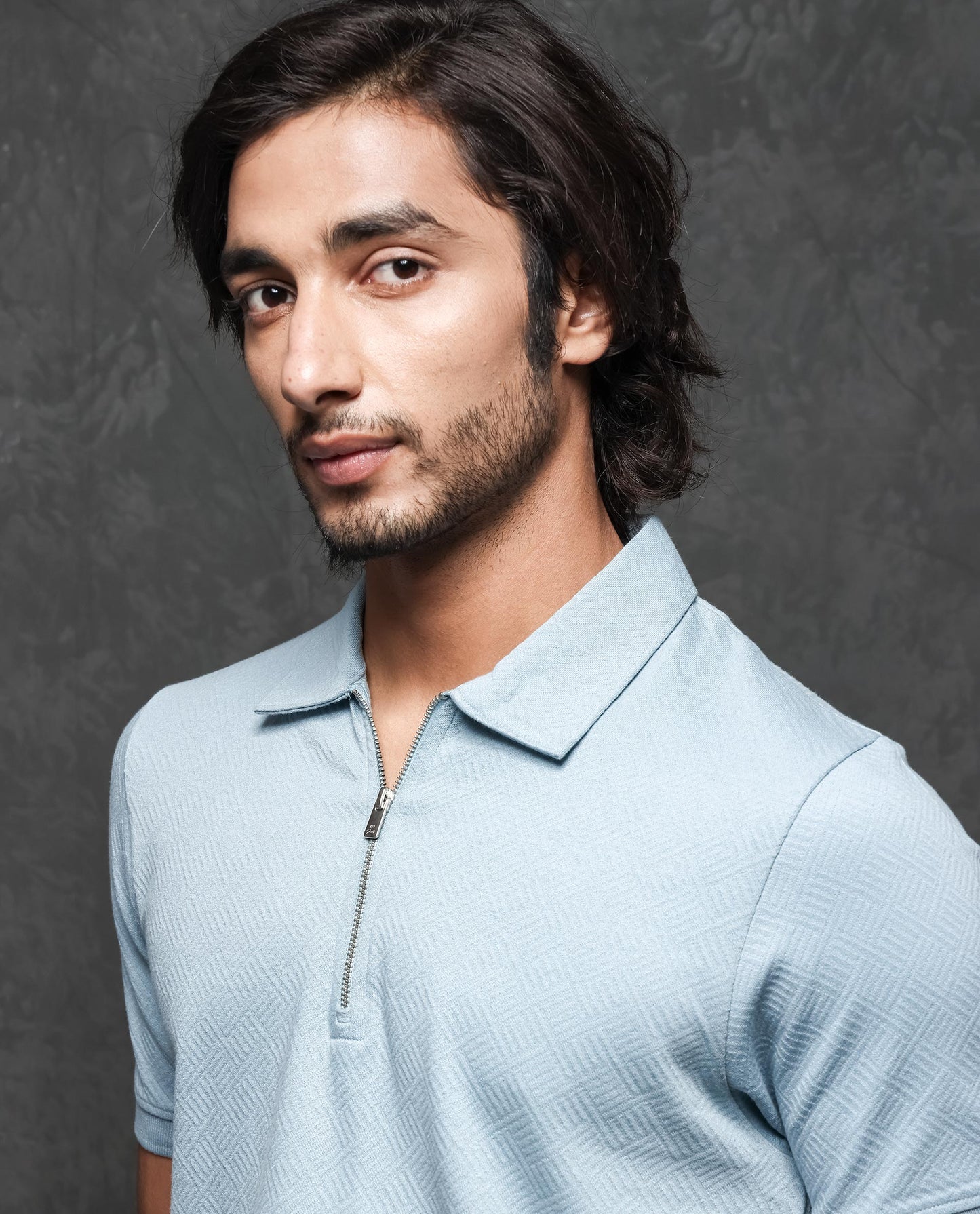 Rare Rabbit Men's Cabe Light Blue Cotton Fabric Zipper Closure Half Sleeve Tonal Jacquard Polo T-Shirt