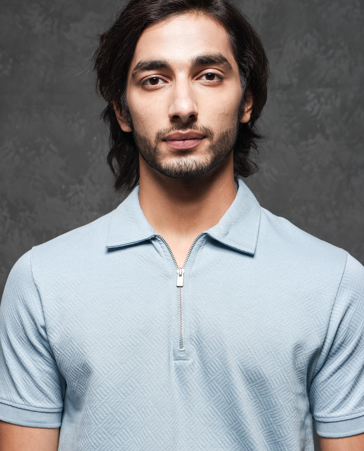 Rare Rabbit Men's Cabe Light Blue Cotton Fabric Zipper Closure Half Sleeve Tonal Jacquard Polo T-Shirt