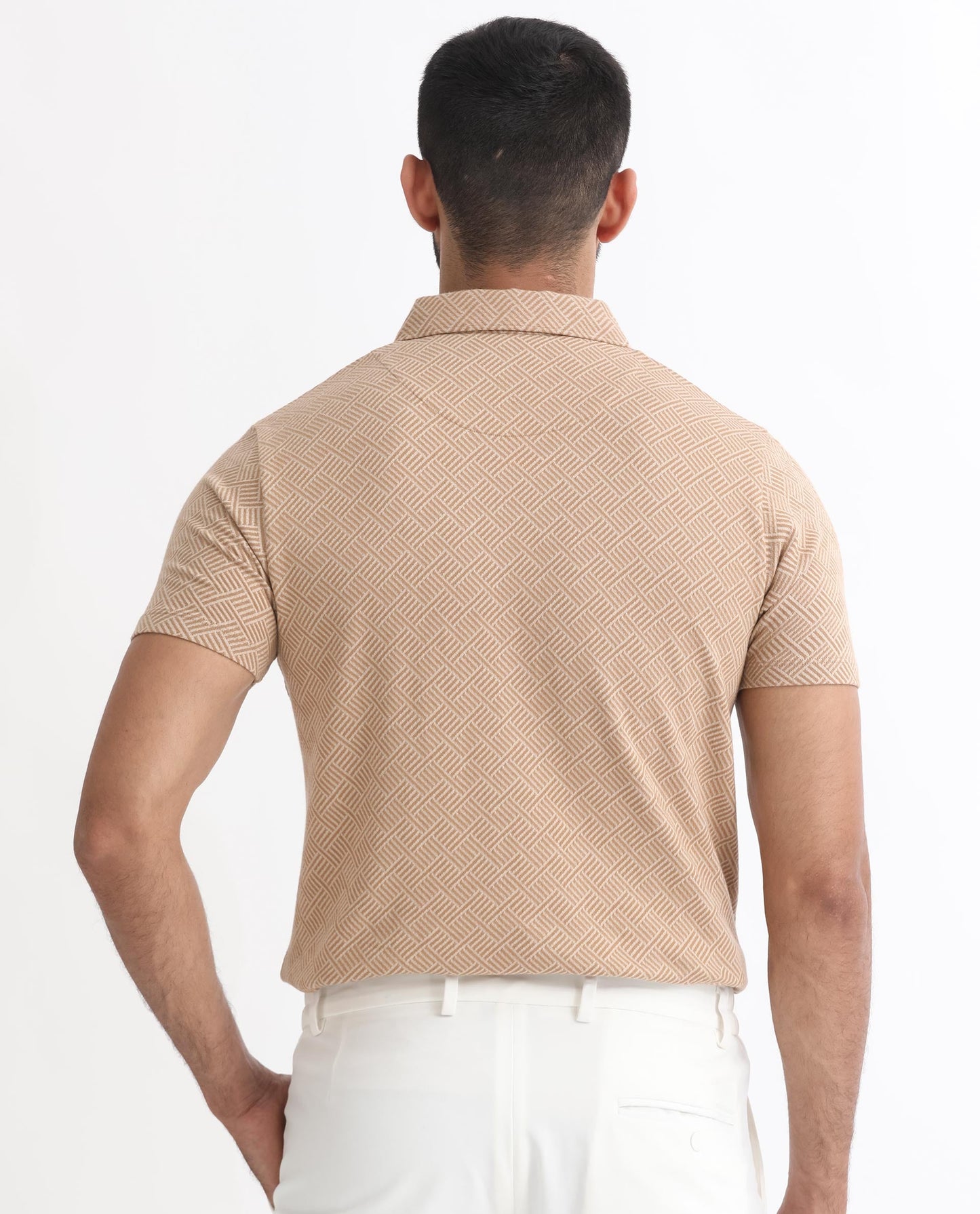 Rare Rabbit Men's Cabet Beige Cotton Fabric Collared Neck Zipper Closure Half Sleeves Jacquard Polo T-Shirt