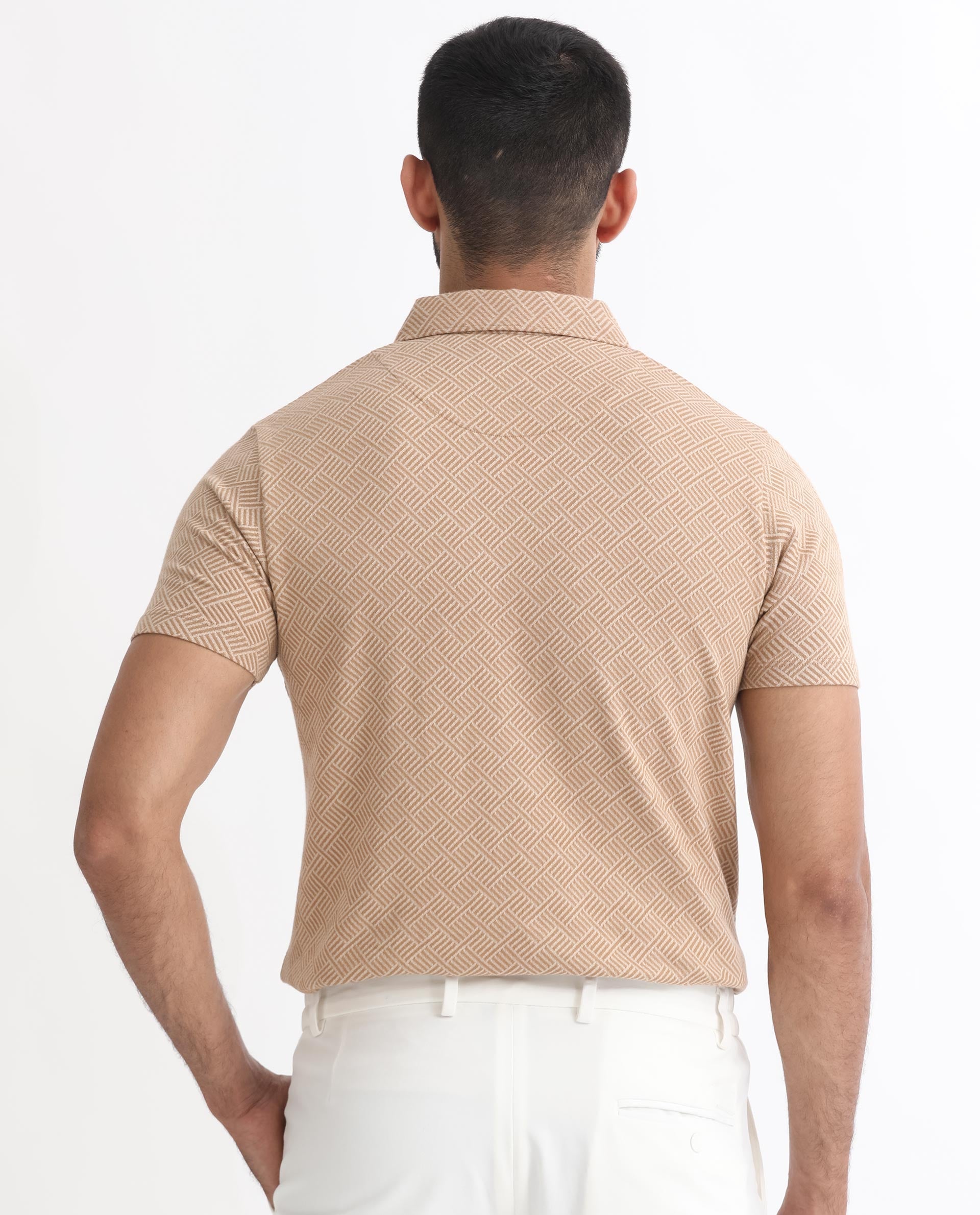 Rare Rabbit Men's Cabet Beige Cotton Fabric Collared Neck Zipper Closure Half Sleeves Jacquard Polo T-Shirt