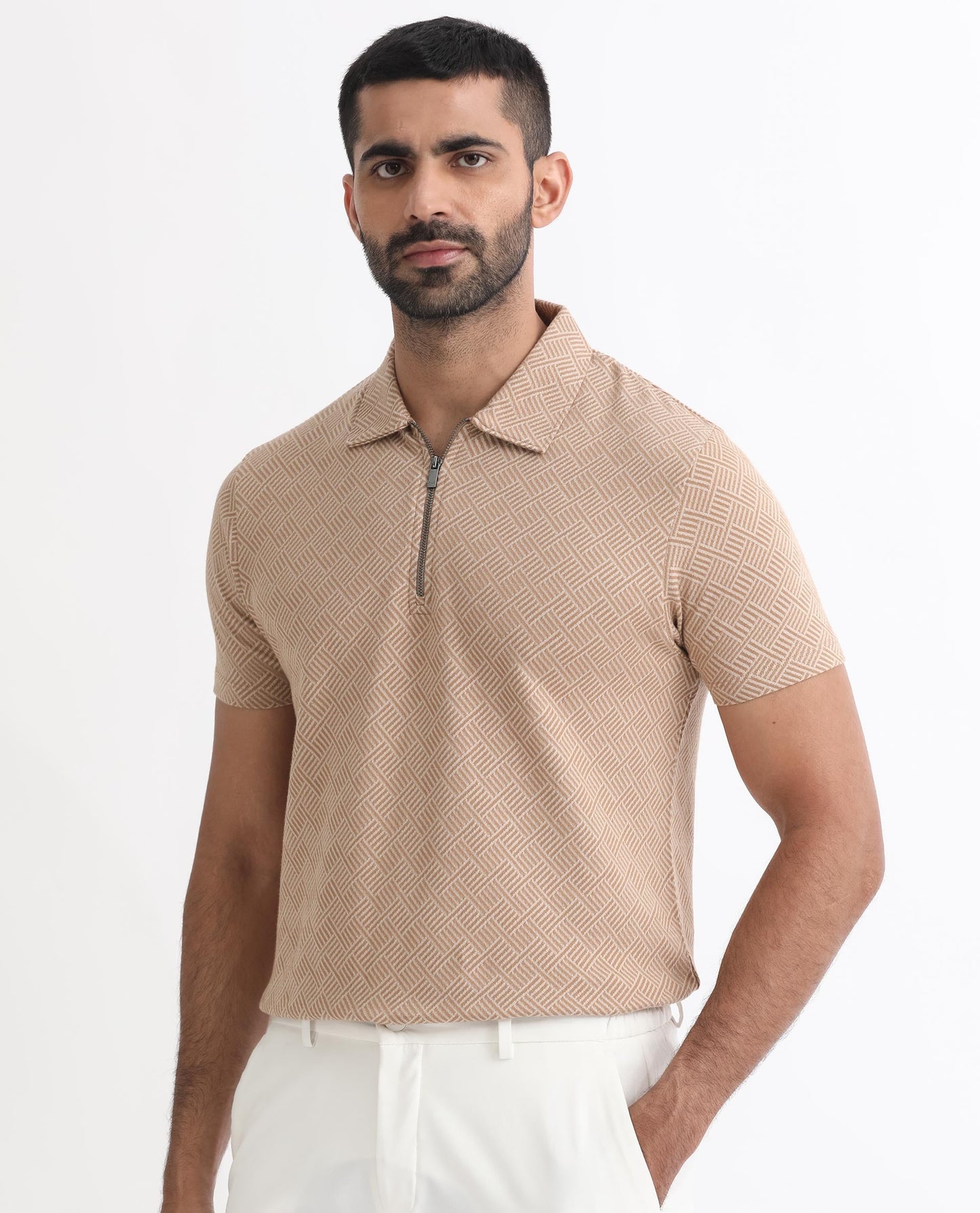 Rare Rabbit Men's Cabet Beige Cotton Fabric Collared Neck Zipper Closure Half Sleeves Jacquard Polo T-Shirt