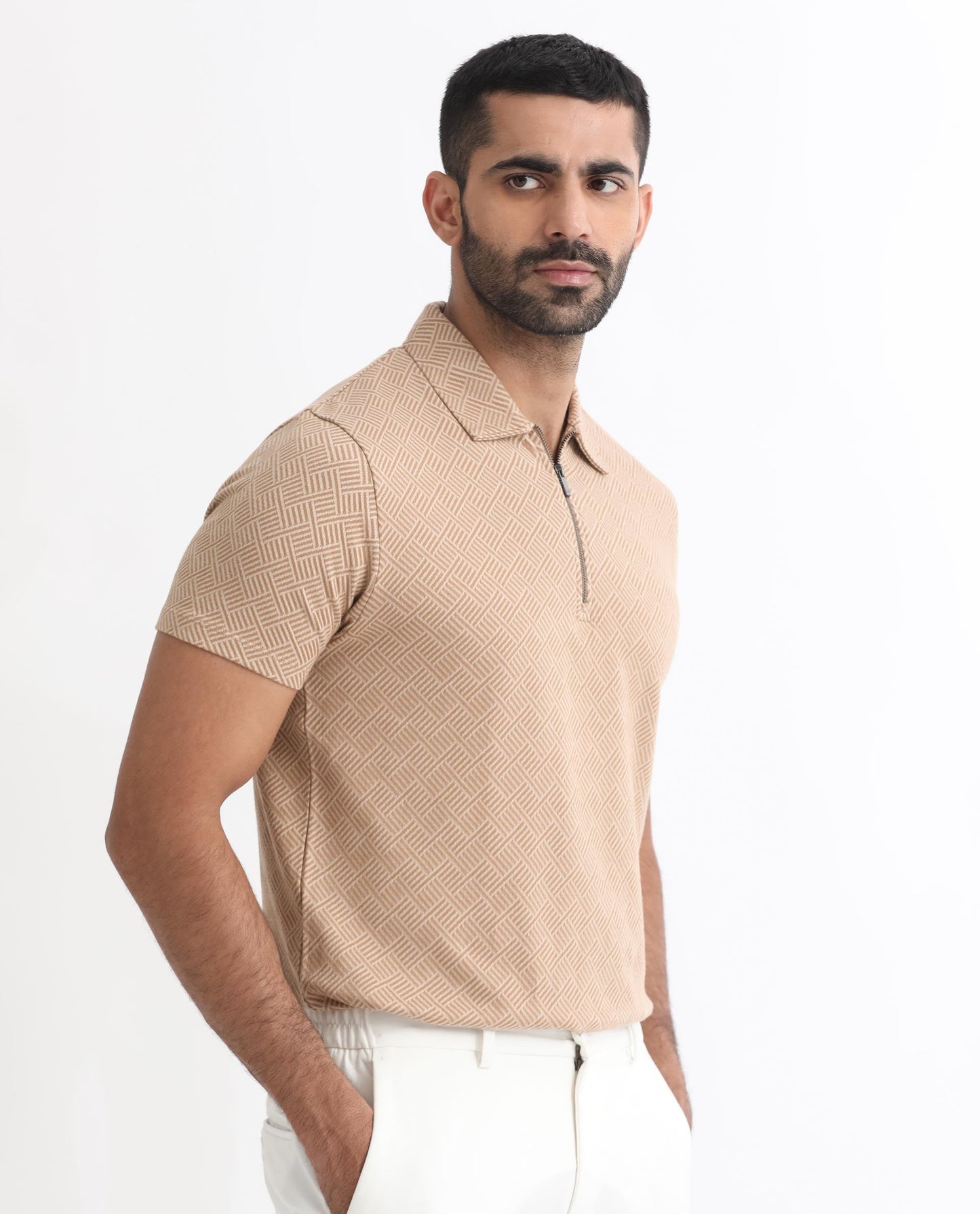Rare Rabbit Men's Cabet Beige Cotton Fabric Collared Neck Zipper Closure Half Sleeves Jacquard Polo T-Shirt