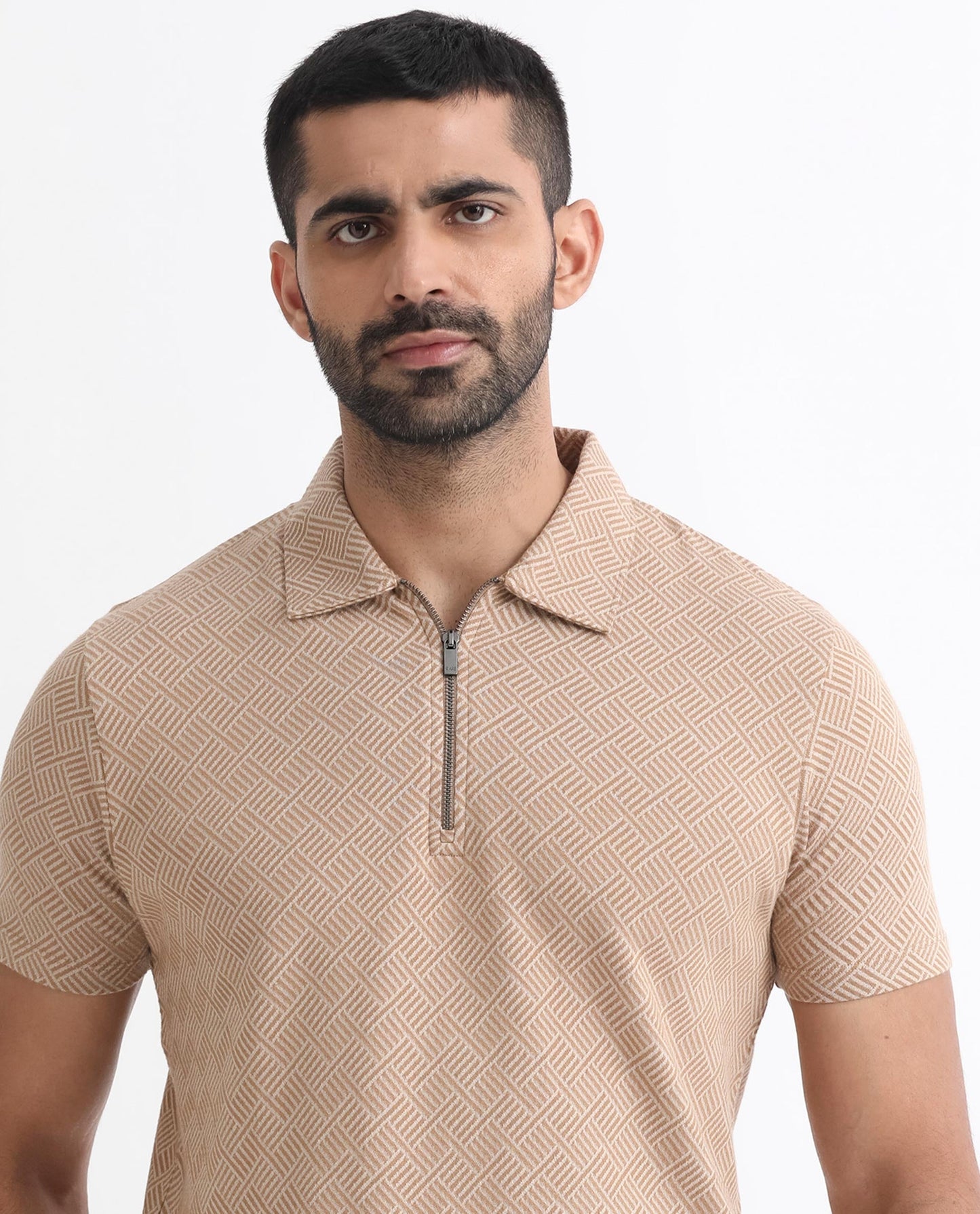 Rare Rabbit Men's Cabet Beige Cotton Fabric Collared Neck Zipper Closure Half Sleeves Jacquard Polo T-Shirt
