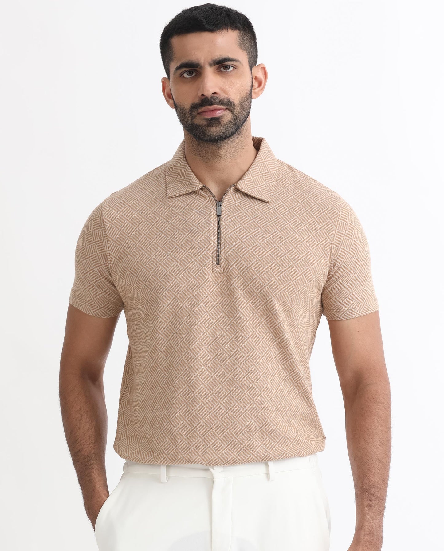 Rare Rabbit Men's Cabet Beige Cotton Fabric Collared Neck Zipper Closure Half Sleeves Jacquard Polo T-Shirt