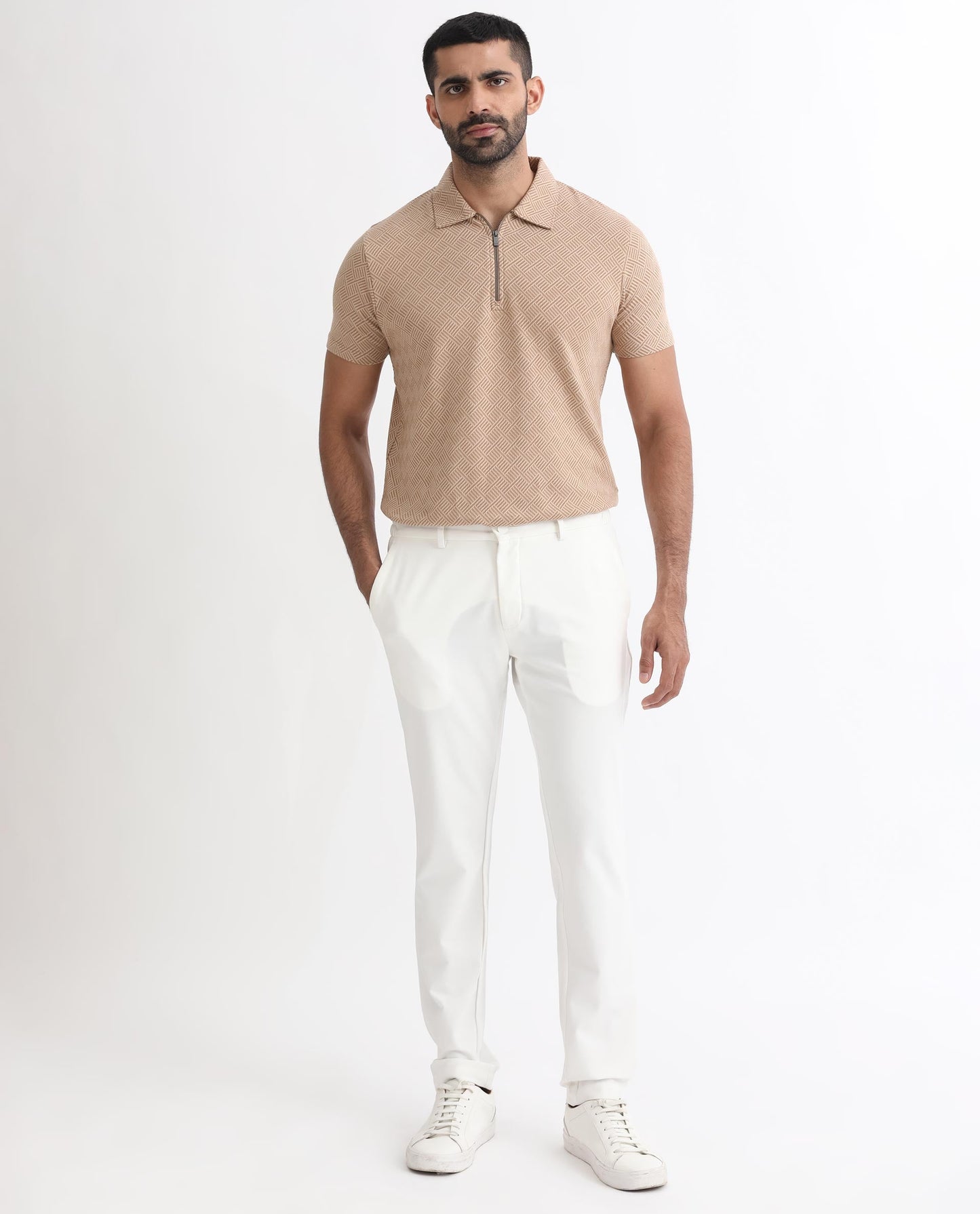 Rare Rabbit Men's Cabet Beige Cotton Fabric Collared Neck Zipper Closure Half Sleeves Jacquard Polo T-Shirt