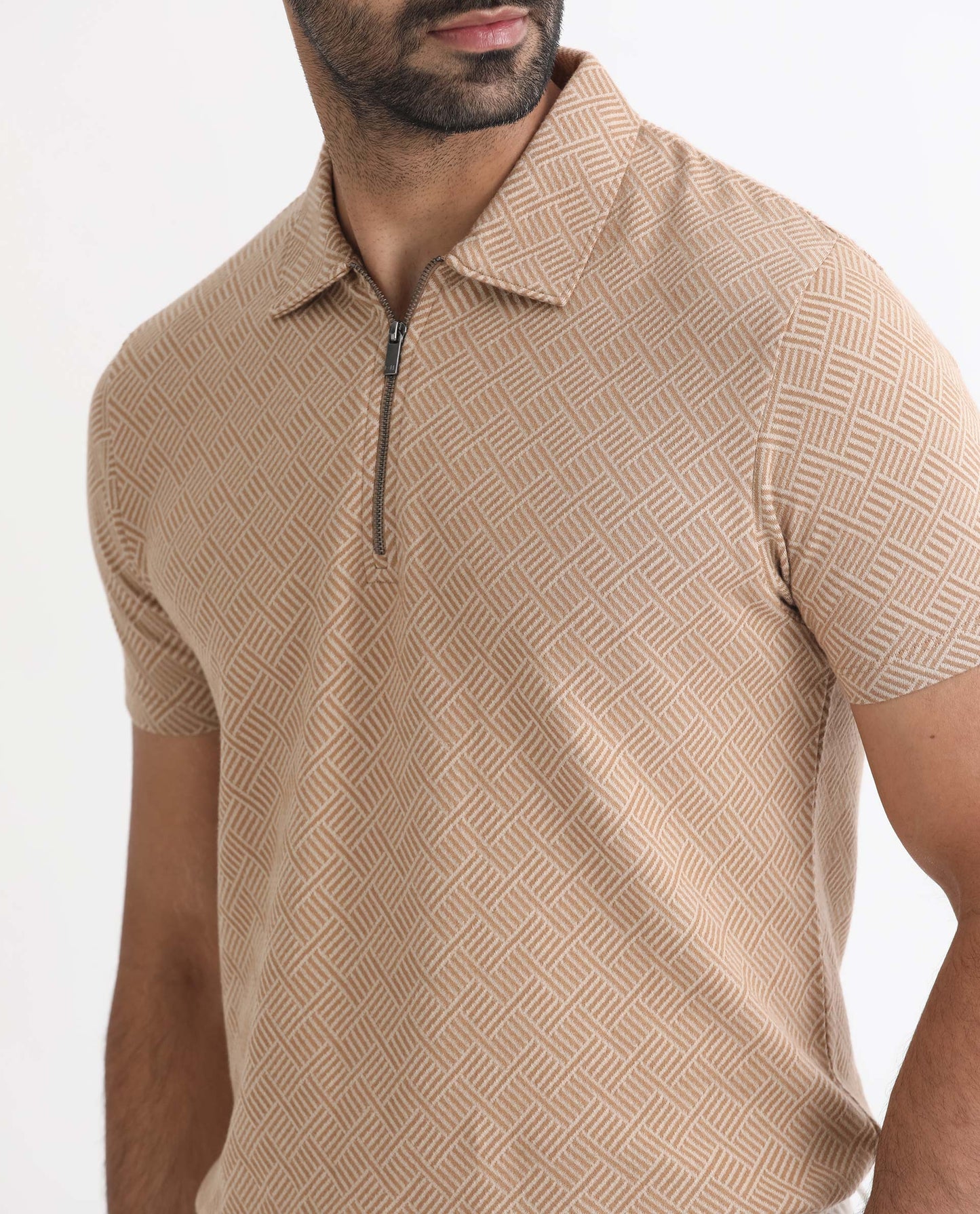 Rare Rabbit Men's Cabet Beige Cotton Fabric Collared Neck Zipper Closure Half Sleeves Jacquard Polo T-Shirt