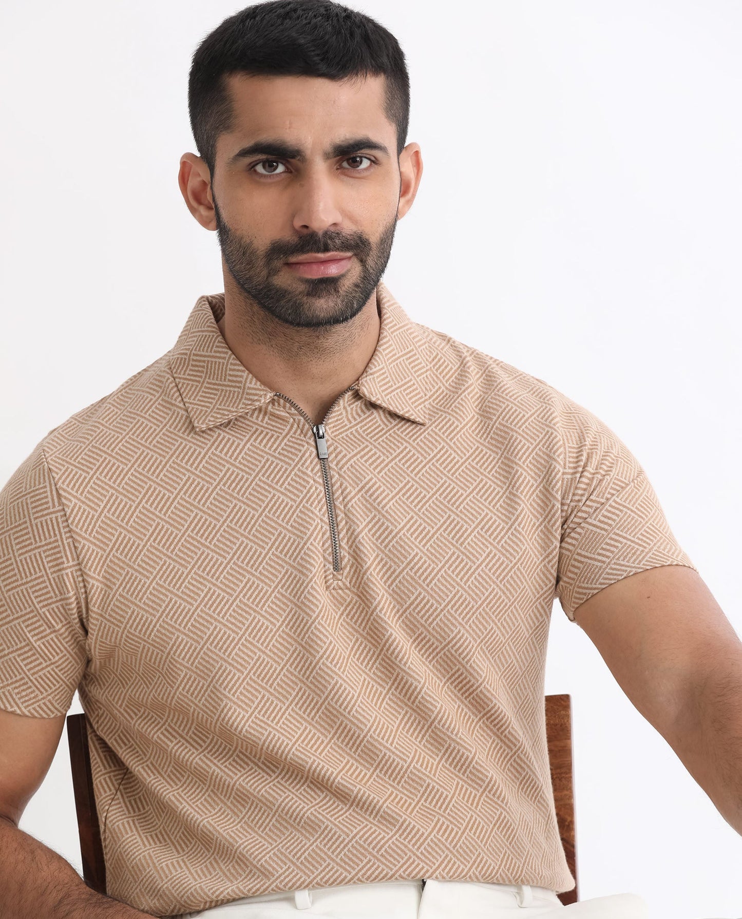 Rare Rabbit Men's Cabet Beige Cotton Fabric Collared Neck Zipper Closure Half Sleeves Jacquard Polo T-Shirt