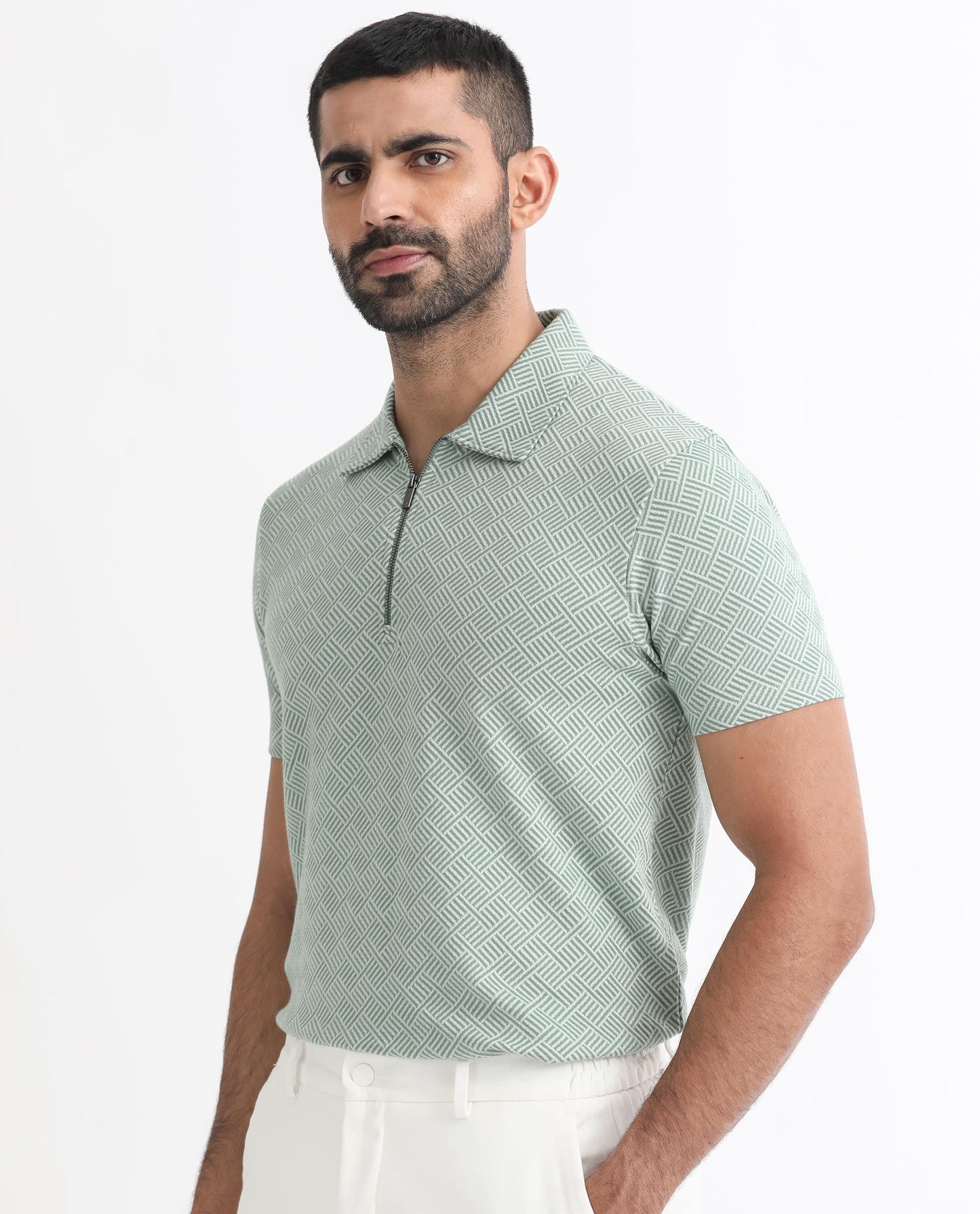 Rare Rabbit Men's Cabet Green Cotton Fabric Collared Neck Zipper Closure Half Sleeves Jacquard Polo T-Shirt