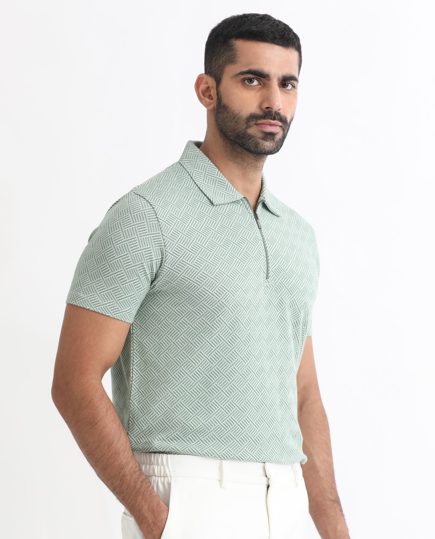 Rare Rabbit Men's Cabet Green Cotton Fabric Collared Neck Zipper Closure Half Sleeves Jacquard Polo T-Shirt