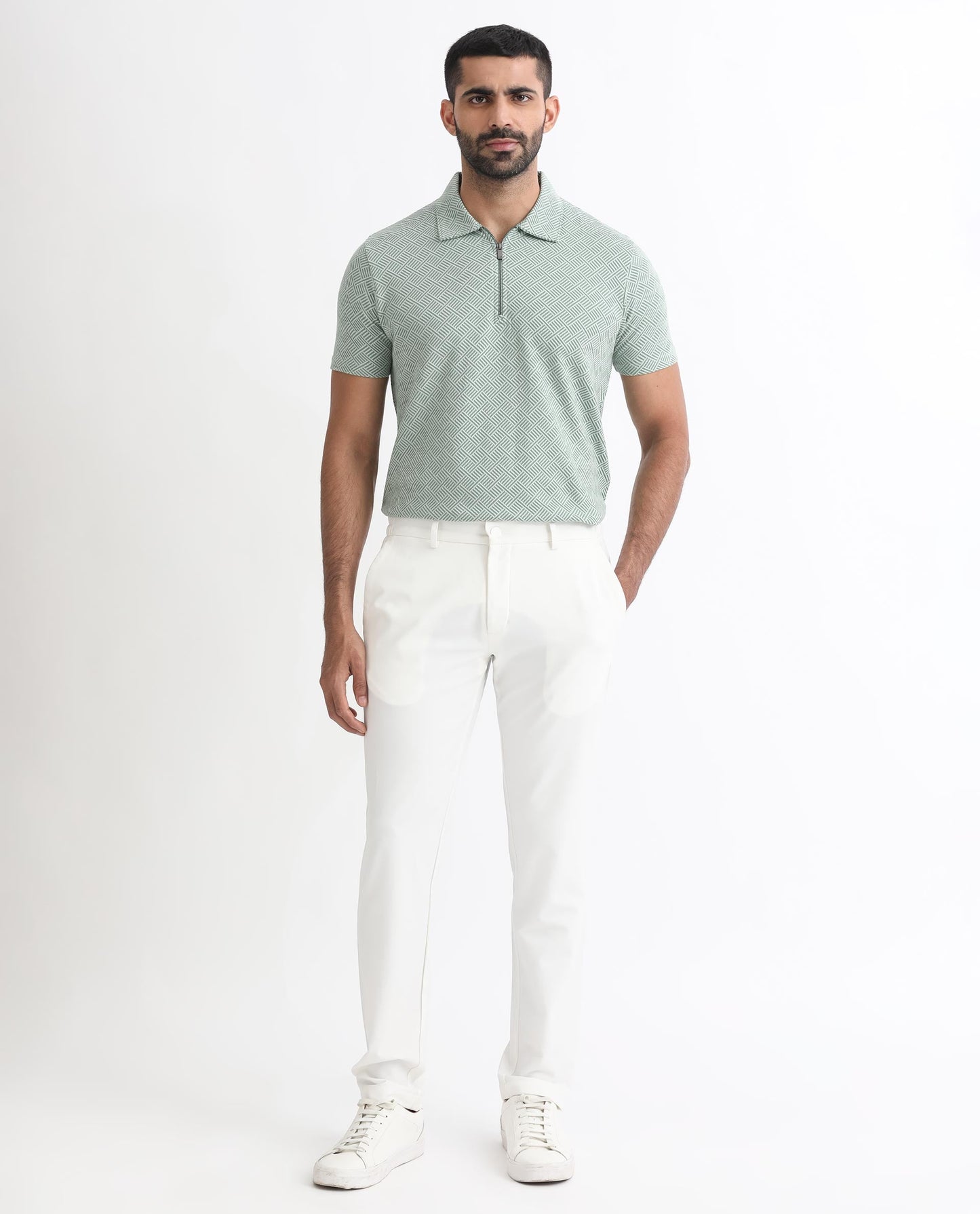Rare Rabbit Men's Cabet Green Cotton Fabric Collared Neck Zipper Closure Half Sleeves Jacquard Polo T-Shirt