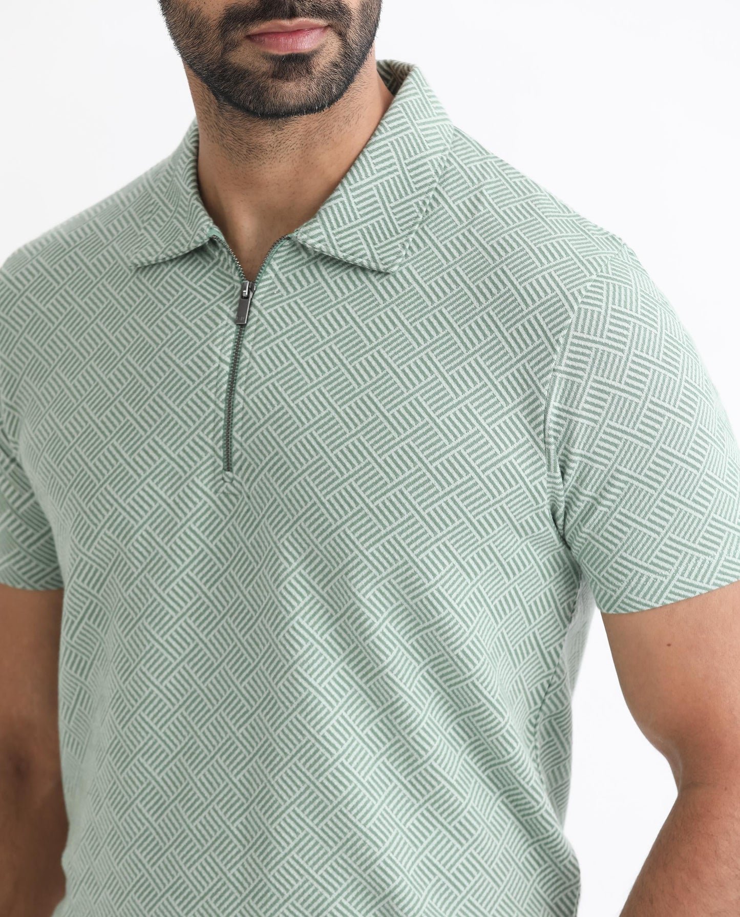 Rare Rabbit Men's Cabet Green Cotton Fabric Collared Neck Zipper Closure Half Sleeves Jacquard Polo T-Shirt