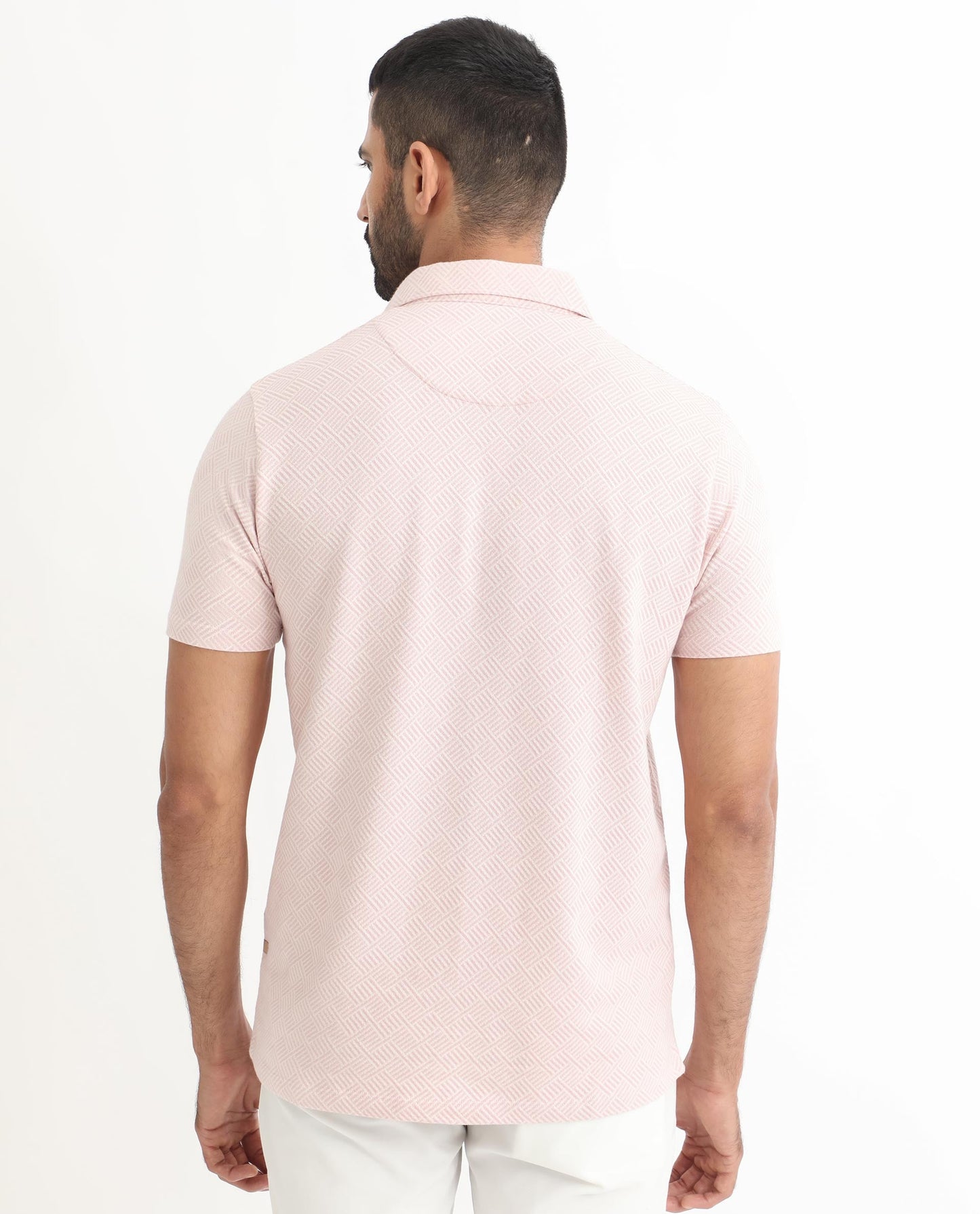 Rare Rabbit Men's Cabet Pastel Pink Cotton Fabric Collared Neck Zipper Closure Half Sleeves Jacquard Polo T-Shirt