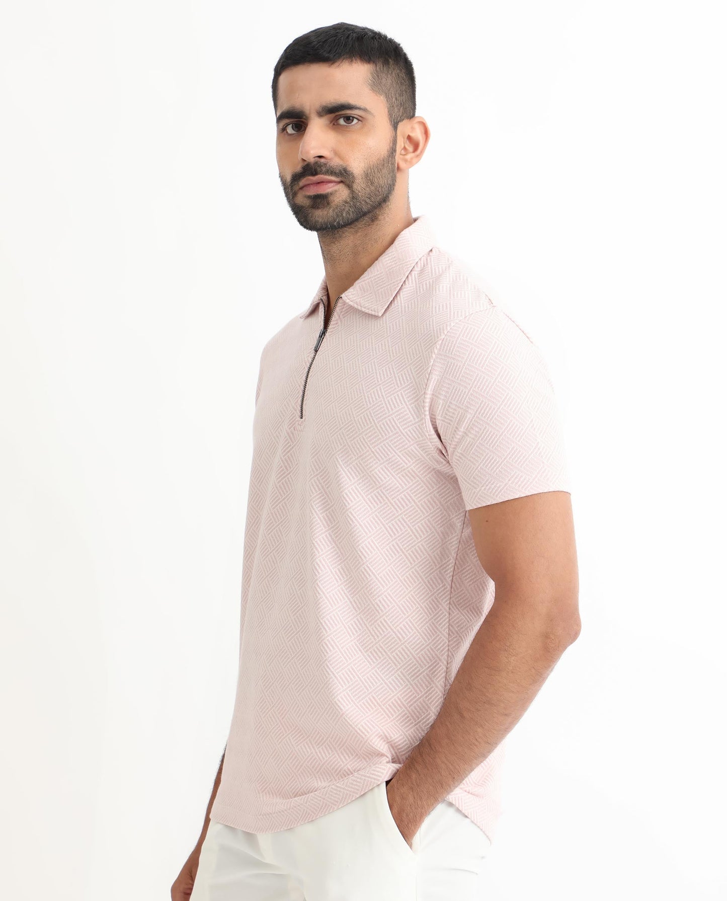 Rare Rabbit Men's Cabet Pastel Pink Cotton Fabric Collared Neck Zipper Closure Half Sleeves Jacquard Polo T-Shirt