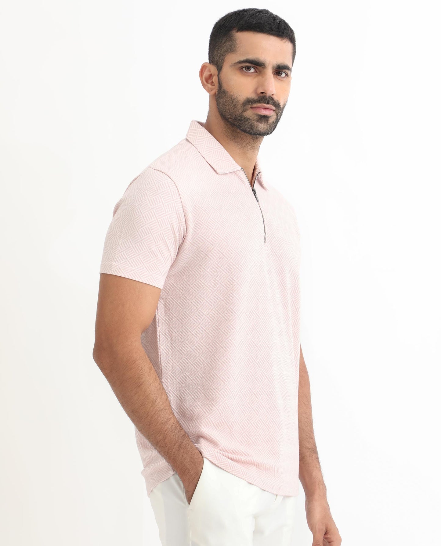 Rare Rabbit Men's Cabet Pastel Pink Cotton Fabric Collared Neck Zipper Closure Half Sleeves Jacquard Polo T-Shirt