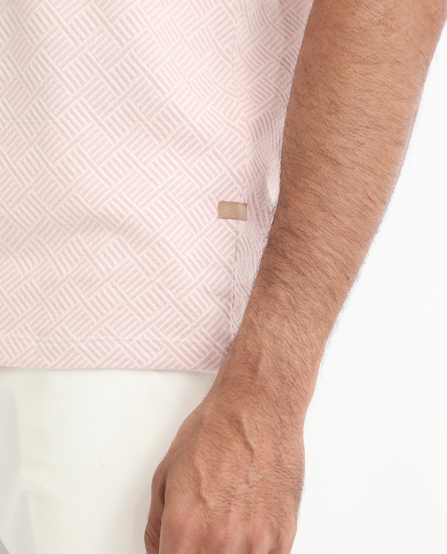 Rare Rabbit Men's Cabet Pastel Pink Cotton Fabric Collared Neck Zipper Closure Half Sleeves Jacquard Polo T-Shirt