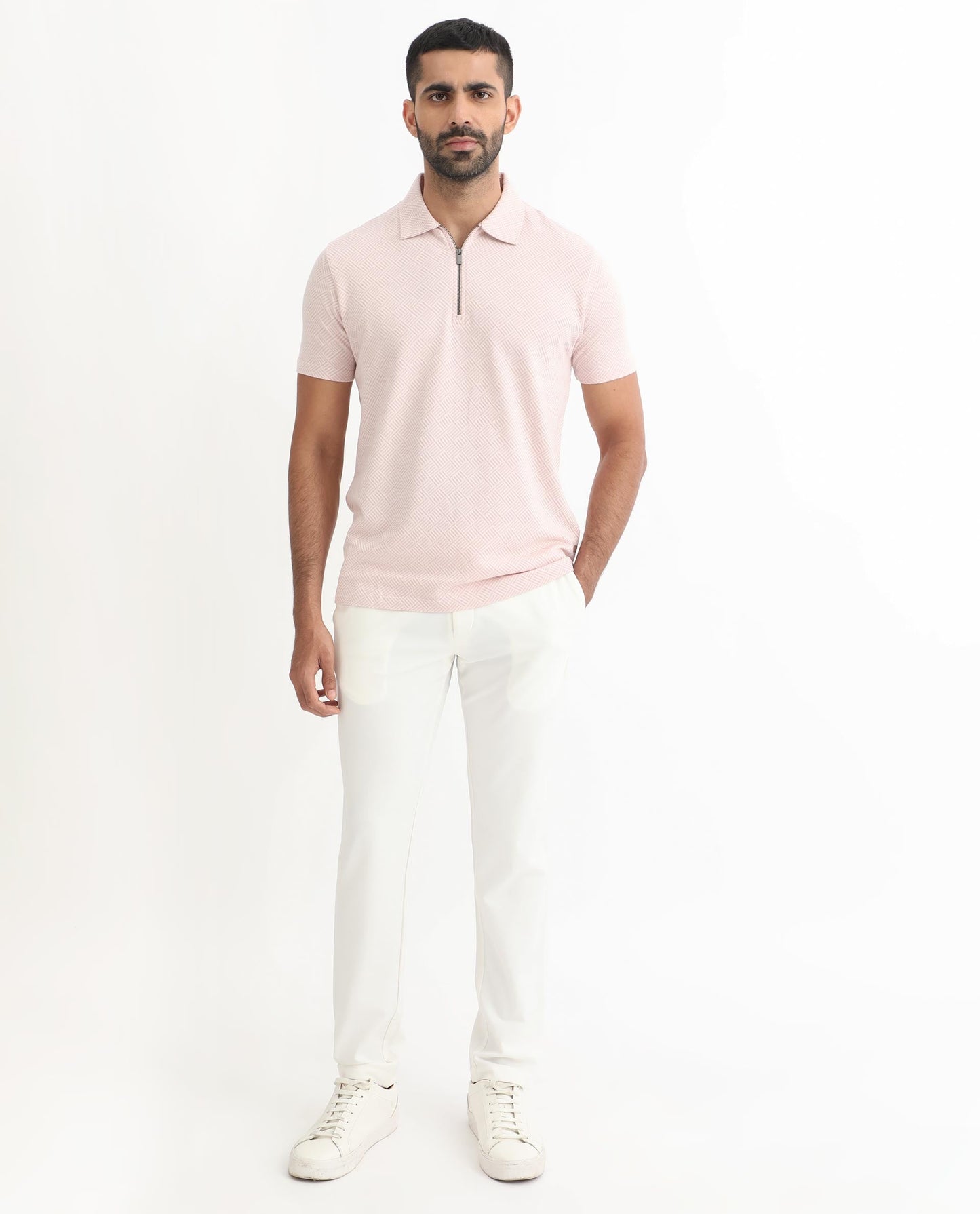 Rare Rabbit Men's Cabet Pastel Pink Cotton Fabric Collared Neck Zipper Closure Half Sleeves Jacquard Polo T-Shirt