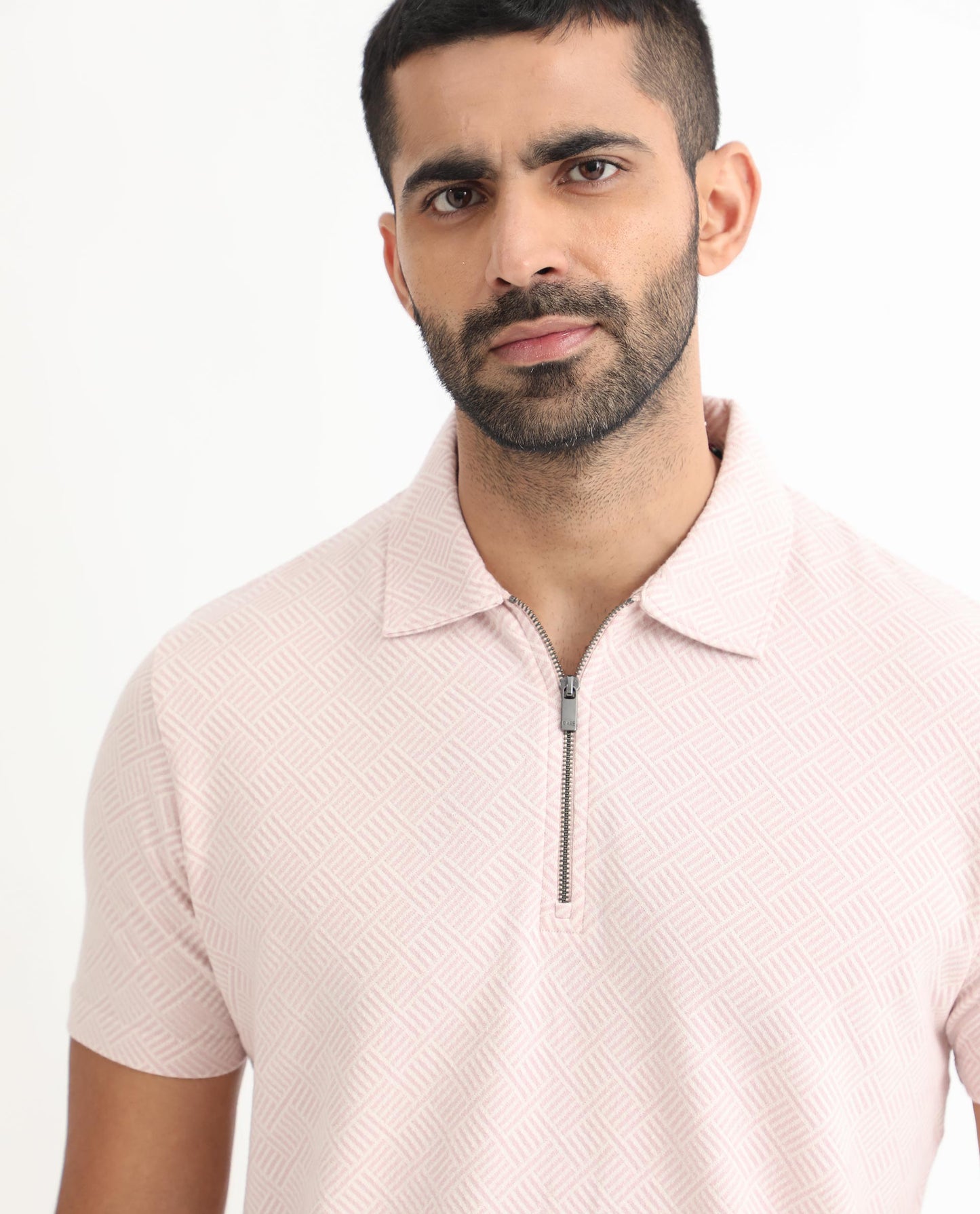 Rare Rabbit Men's Cabet Pastel Pink Cotton Fabric Collared Neck Zipper Closure Half Sleeves Jacquard Polo T-Shirt