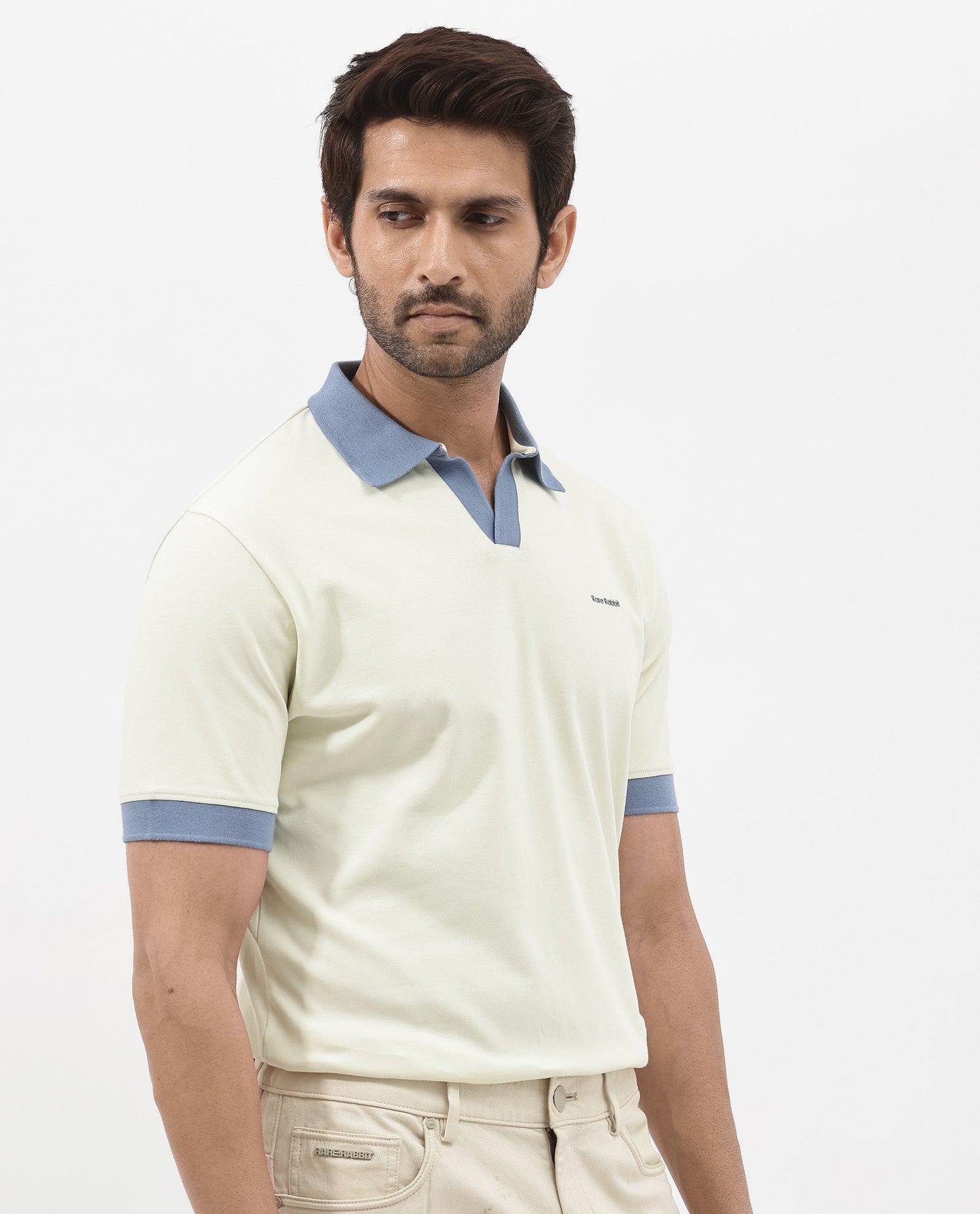 Rare Rabbit Men's Carmelon Light Green Cotton Fabric Johnny Collar Short Sleeves Plain Knit Polo