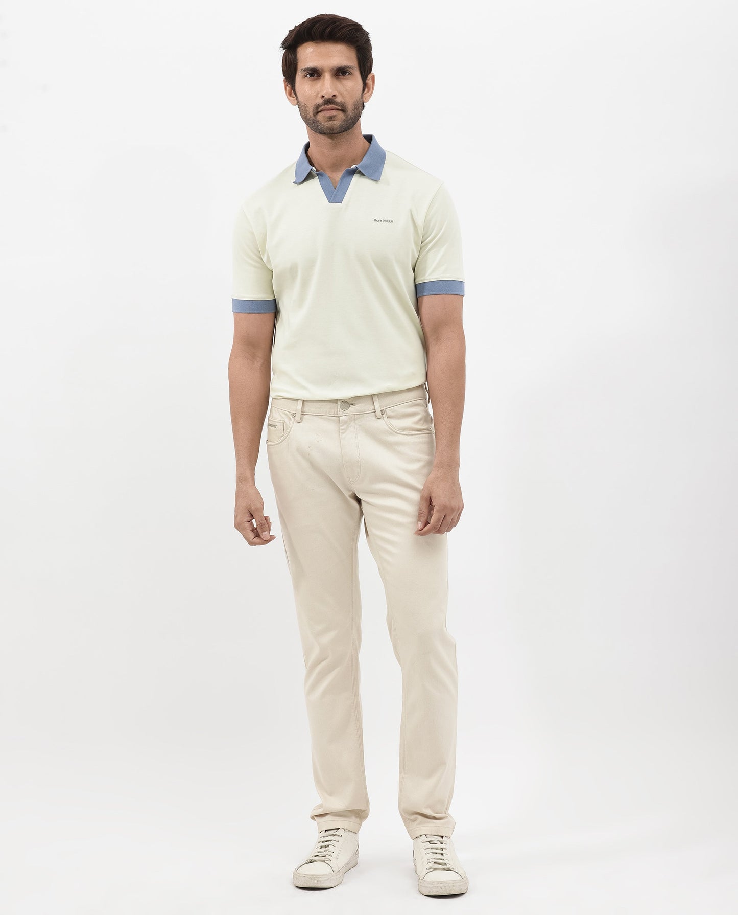 Rare Rabbit Men's Carmelon Light Green Cotton Fabric Johnny Collar Short Sleeves Plain Knit Polo