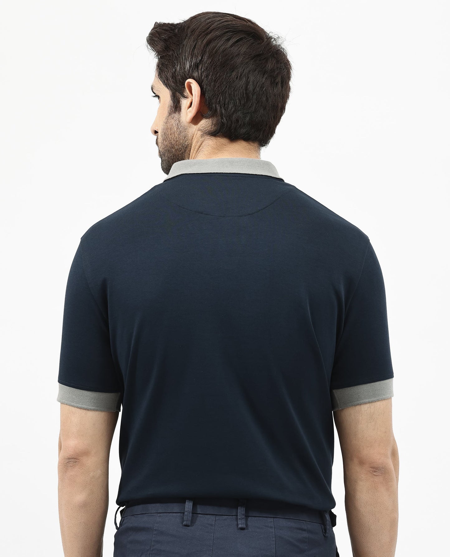 Rare Rabbit Men's Carmelon Navy Cotton Fabric Johnny Collar Short Sleeves Plain Knit Polo