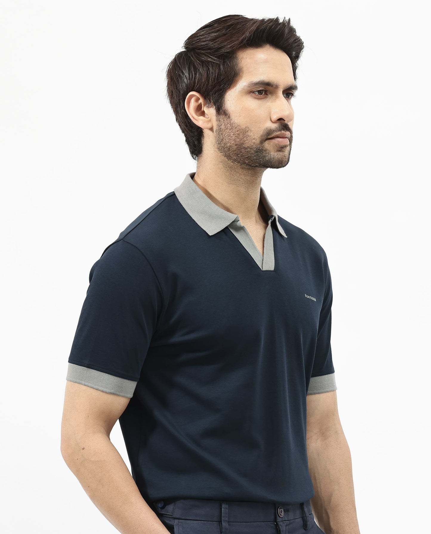 Rare Rabbit Men's Carmelon Navy Cotton Fabric Johnny Collar Short Sleeves Plain Knit Polo